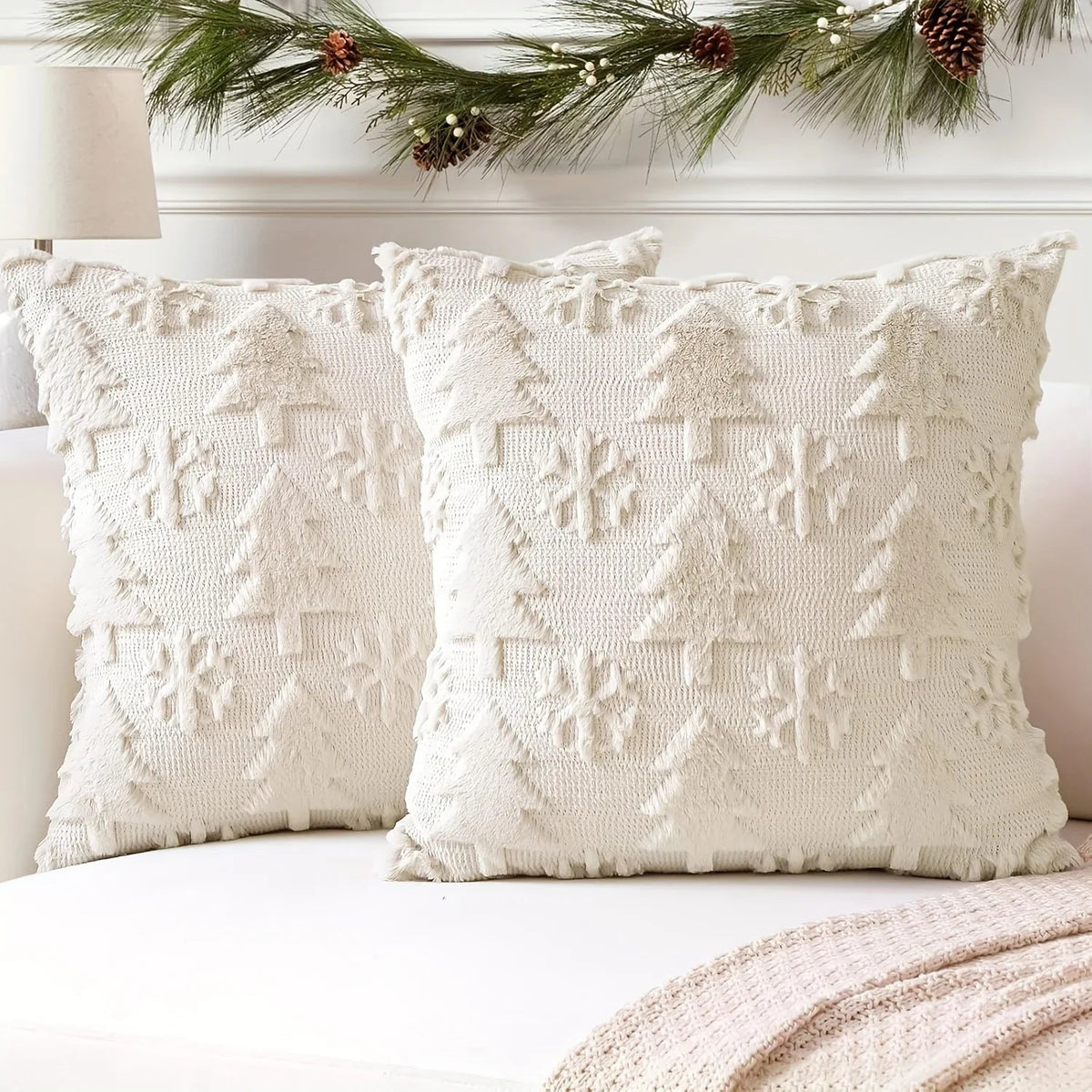 Faux Wool Christmas Tree Throw Pillow Covers, 45.72x45.72 Cm, Snowflake Design - House Of Avana [[SKU:HOA-CUS-405-A]]