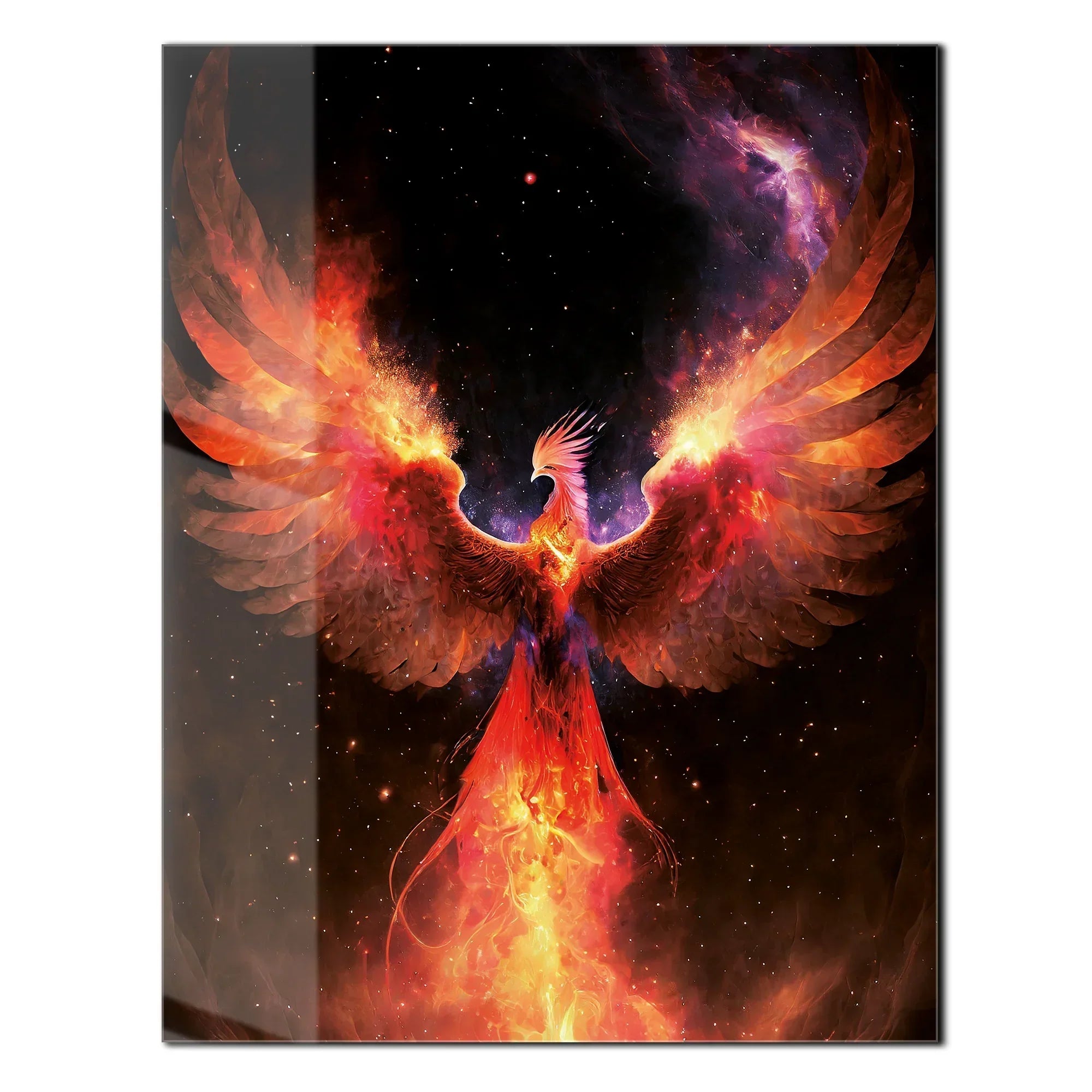 Fiery Phoenix Glass Wall Art – Rebirth & Flame Fantasy UV Print Design-KAFCD027 Peony Atelier