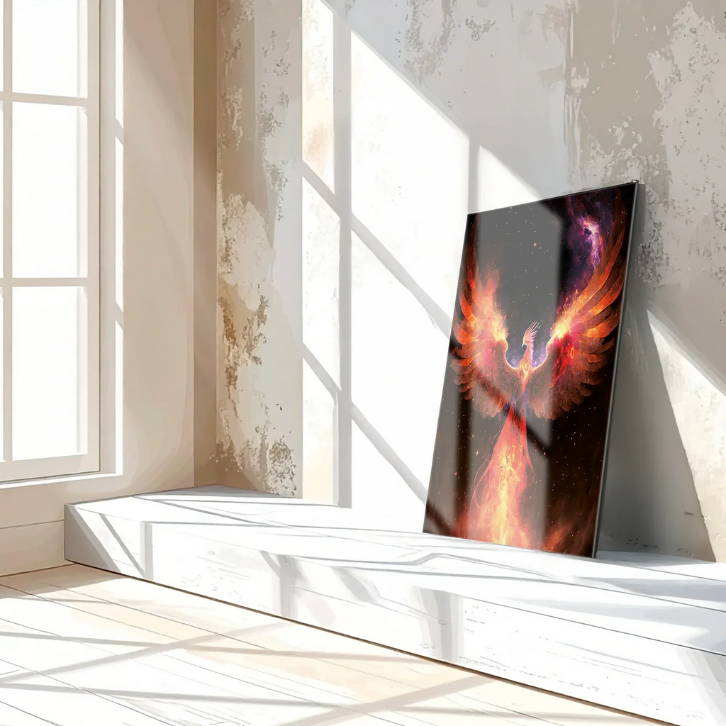 Fiery Phoenix Glass Wall Art – Rebirth & Flame Fantasy UV Print Design-KAFCD027 Peony Atelier