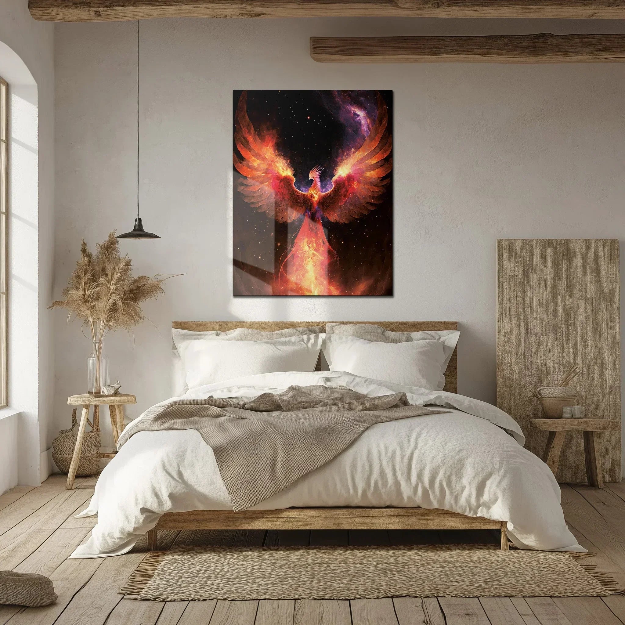 Fiery Phoenix Glass Wall Art – Rebirth & Flame Fantasy UV Print Design-KAFCD027 Peony Atelier