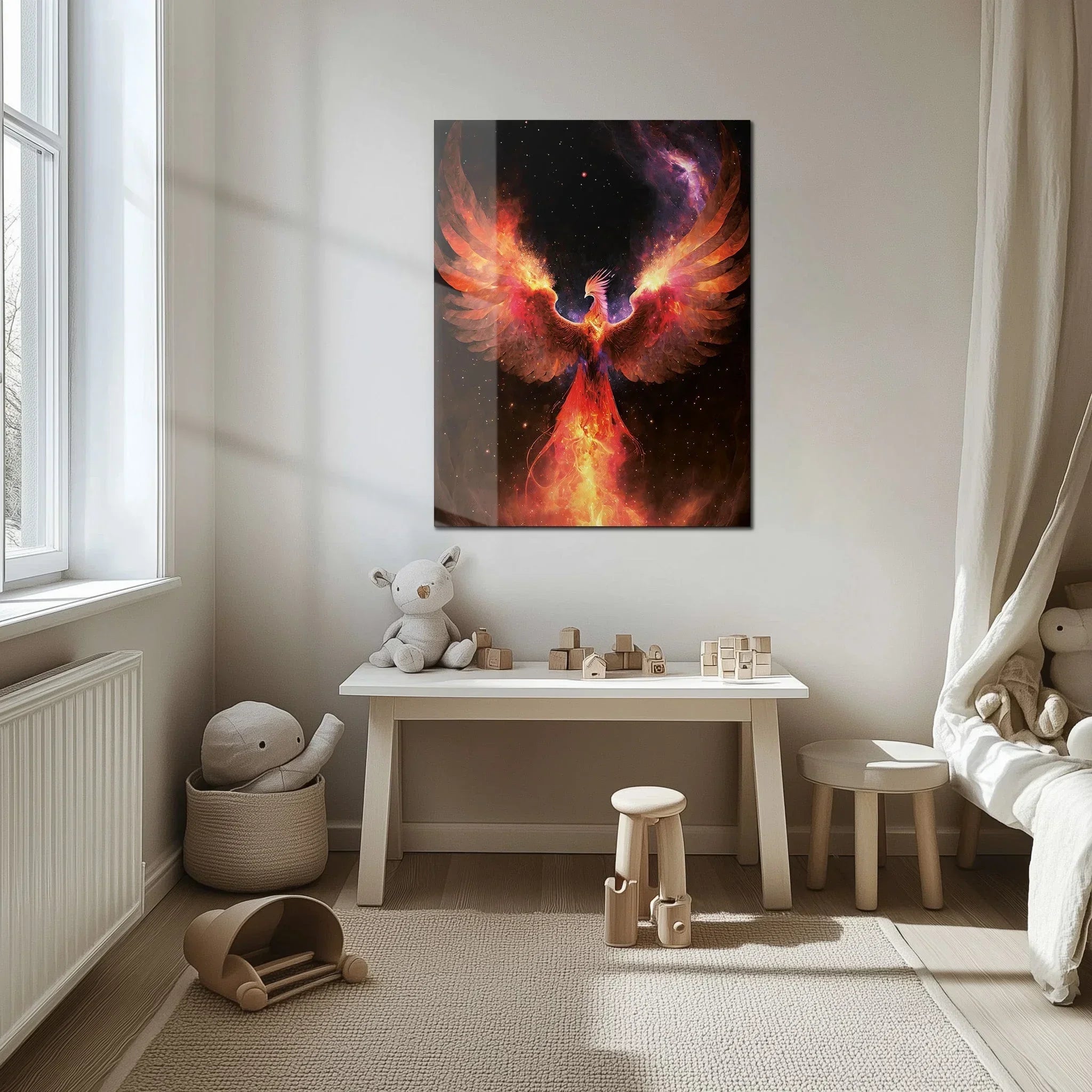 Fiery Phoenix Glass Wall Art – Rebirth & Flame Fantasy UV Print Design-KAFCD027 Peony Atelier