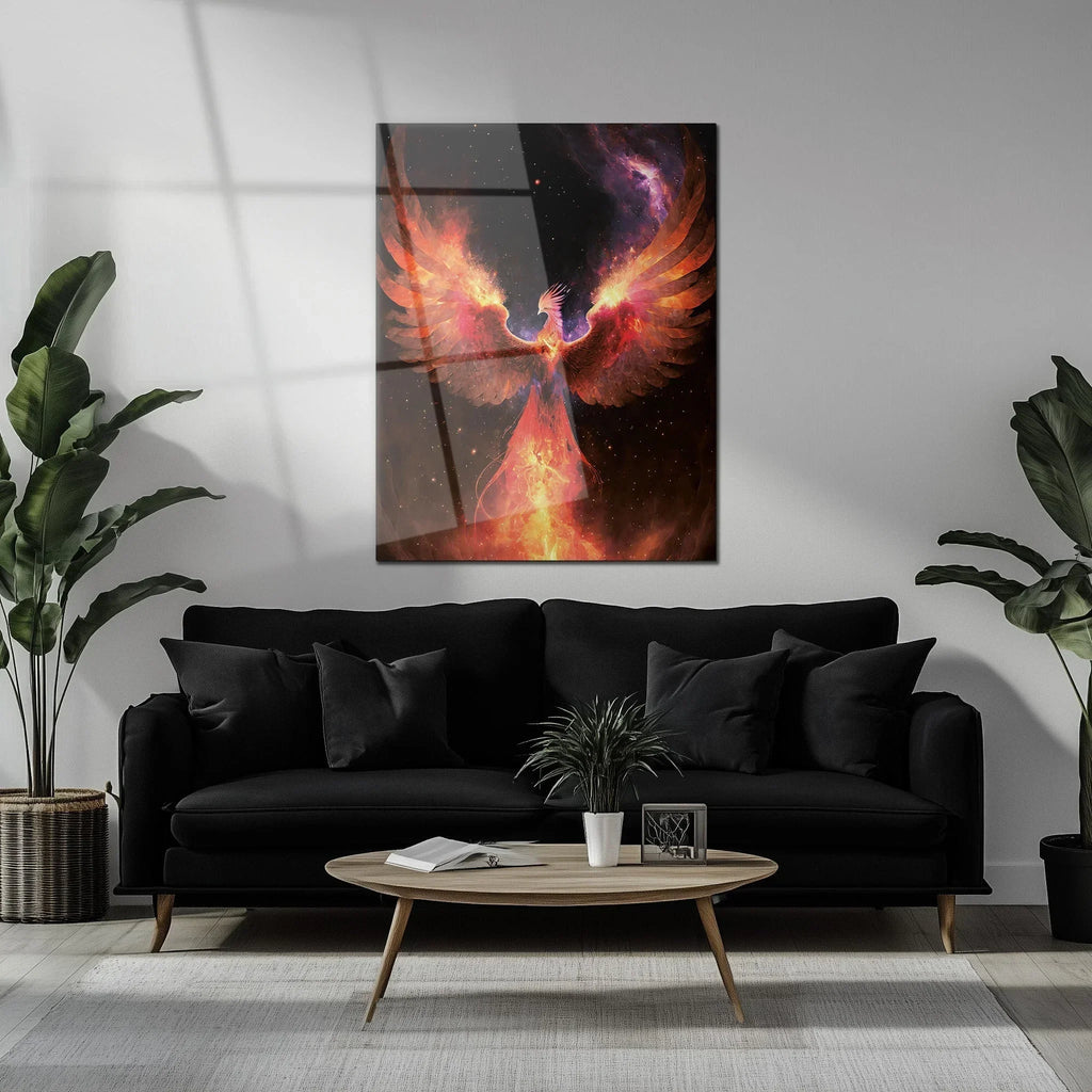 Fiery Phoenix Glass Wall Art – Rebirth & Flame Fantasy UV Print Design-KAFCD027 Peony Atelier