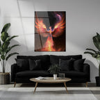 Fiery Phoenix Glass Wall Art – Rebirth & Flame Fantasy UV Print Design-KAFCD027 Peony Atelier