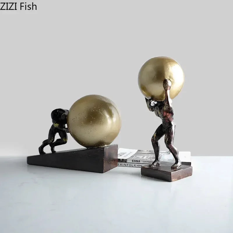 Bronze-colored fitness metal figure statues with modern style muscular figures holding golden spheres for home decor