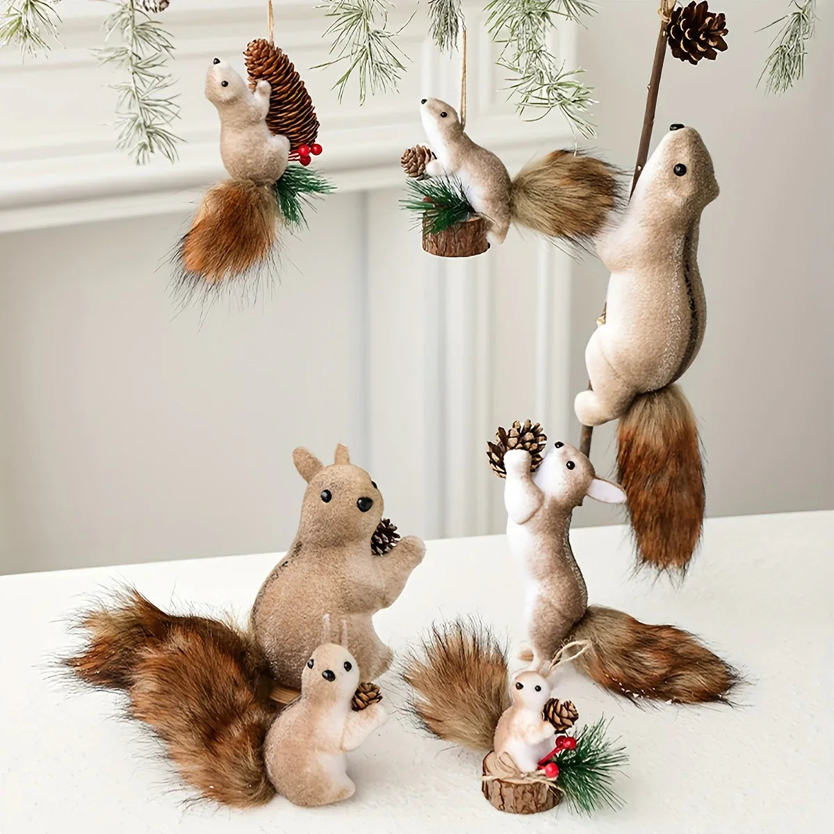 Flocked Fabric Christmas Ornaments - S Squirrel Tree Decor with Pine Cones & Red Berries - House Of Avana [[SKU:HOA-SCU-230]]