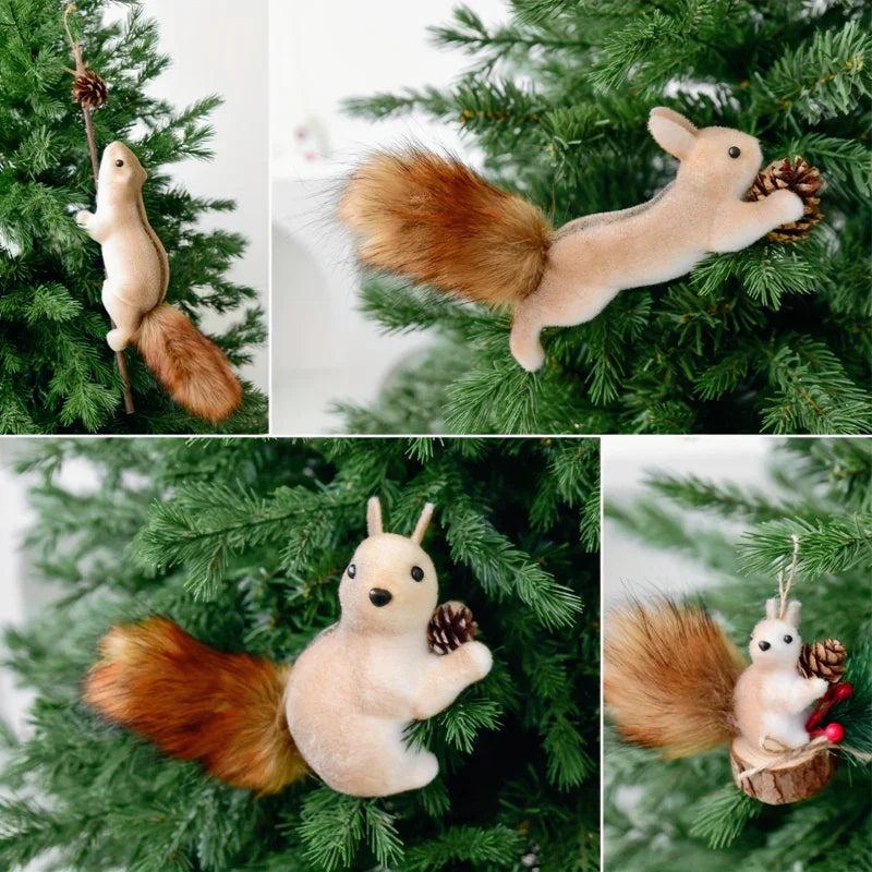 Flocked Fabric Christmas Ornaments - S Squirrel Tree Decor with Pine Cones & Red Berries - House Of Avana [[SKU:HOA-SCU-230]]