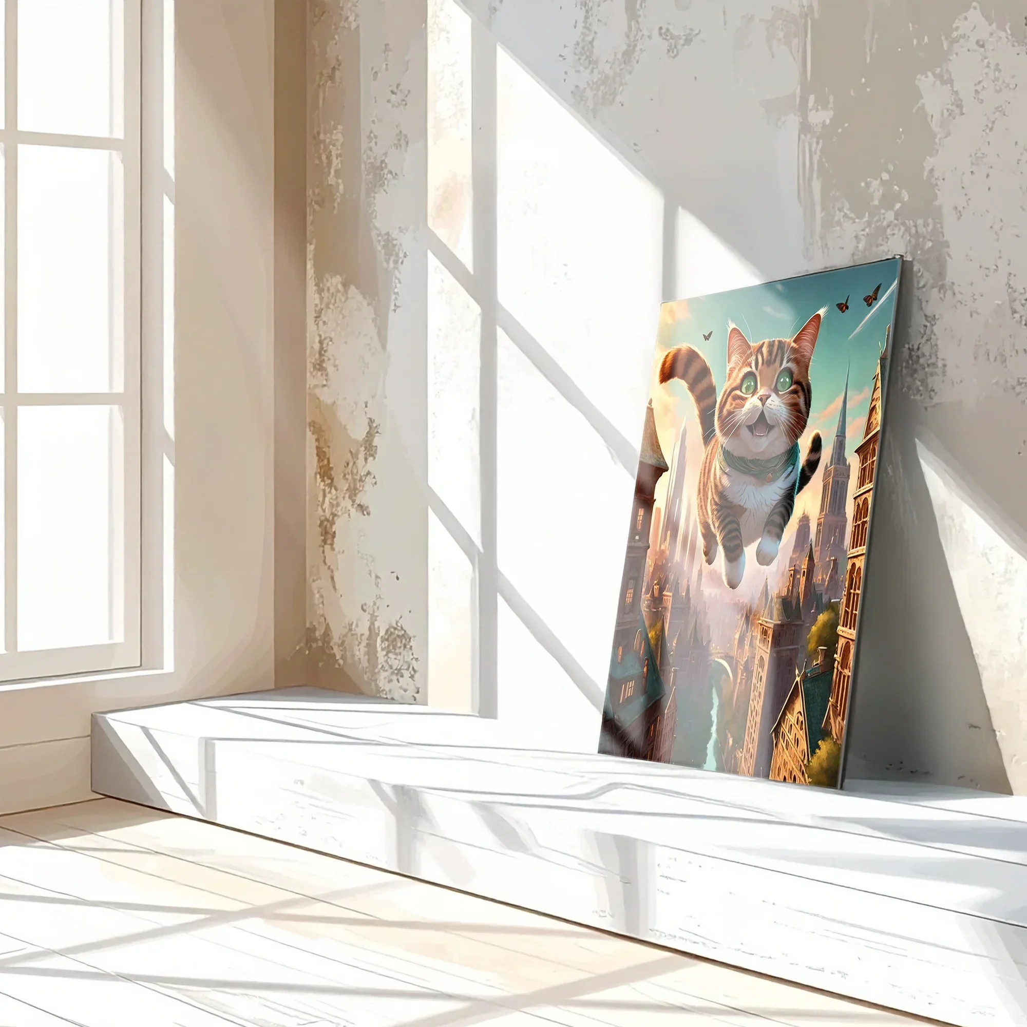 Flying Happy Cat Glass Wall Art – Fantasy City Adventure UV Print-KAFCD058 Peony Atelier