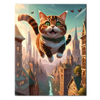 Flying Happy Cat Glass Wall Art – Fantasy City Adventure UV Print-KAFCD058 Peony Atelier
