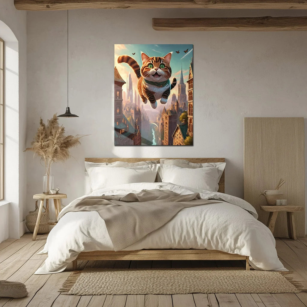 Flying Happy Cat Glass Wall Art – Fantasy City Adventure UV Print-KAFCD058 Peony Atelier