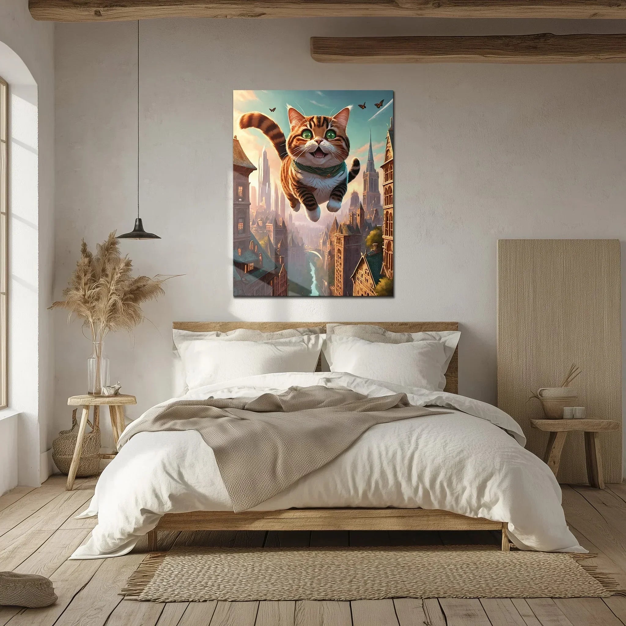 Flying Happy Cat Glass Wall Art – Fantasy City Adventure UV Print-KAFCD058 Peony Atelier