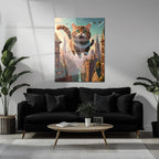 Flying Happy Cat Glass Wall Art – Fantasy City Adventure UV Print-KAFCD058 Peony Atelier