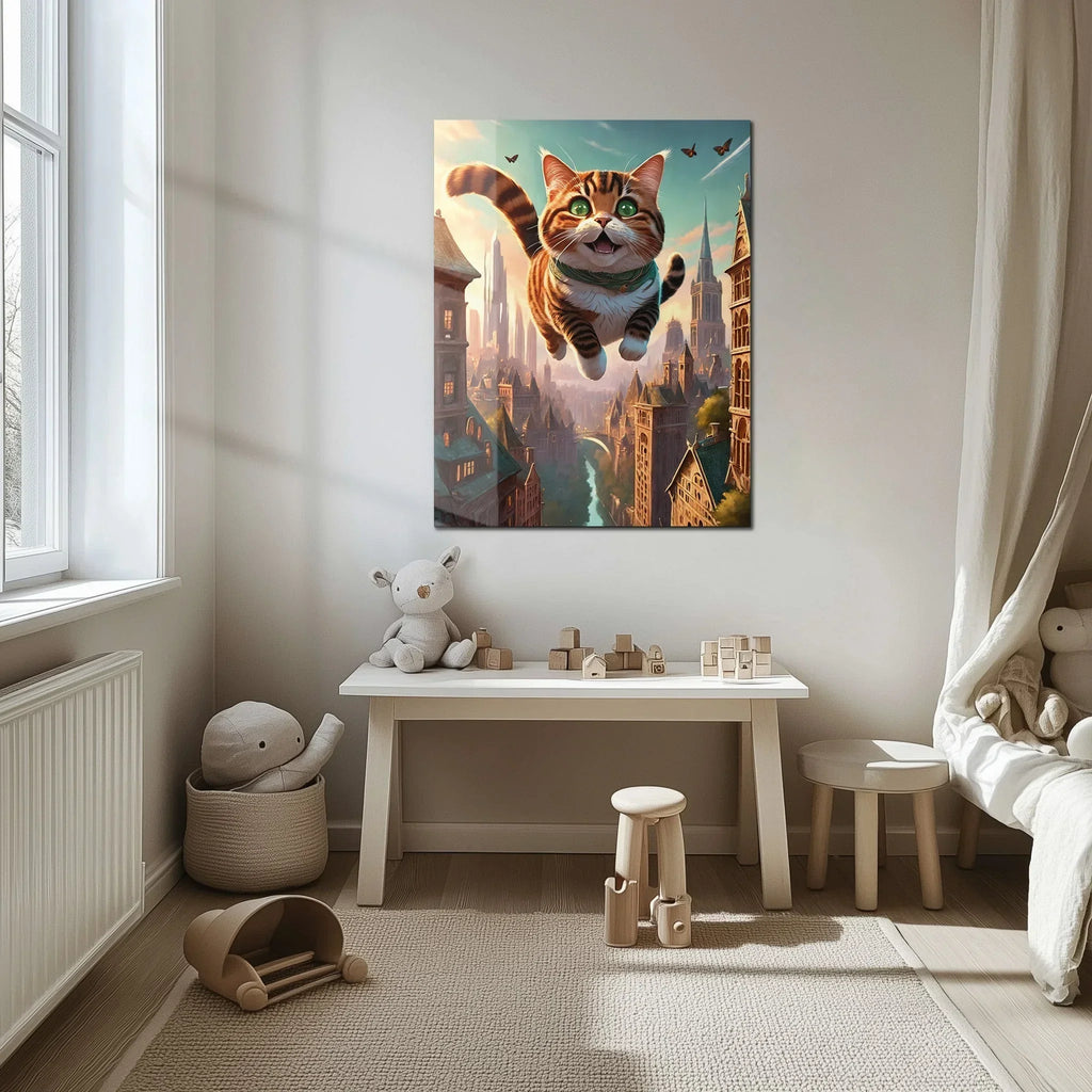 Flying Happy Cat Glass Wall Art – Fantasy City Adventure UV Print-KAFCD058 Peony Atelier