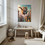 Flying Happy Cat Glass Wall Art – Fantasy City Adventure UV Print-KAFCD058 Peony Atelier