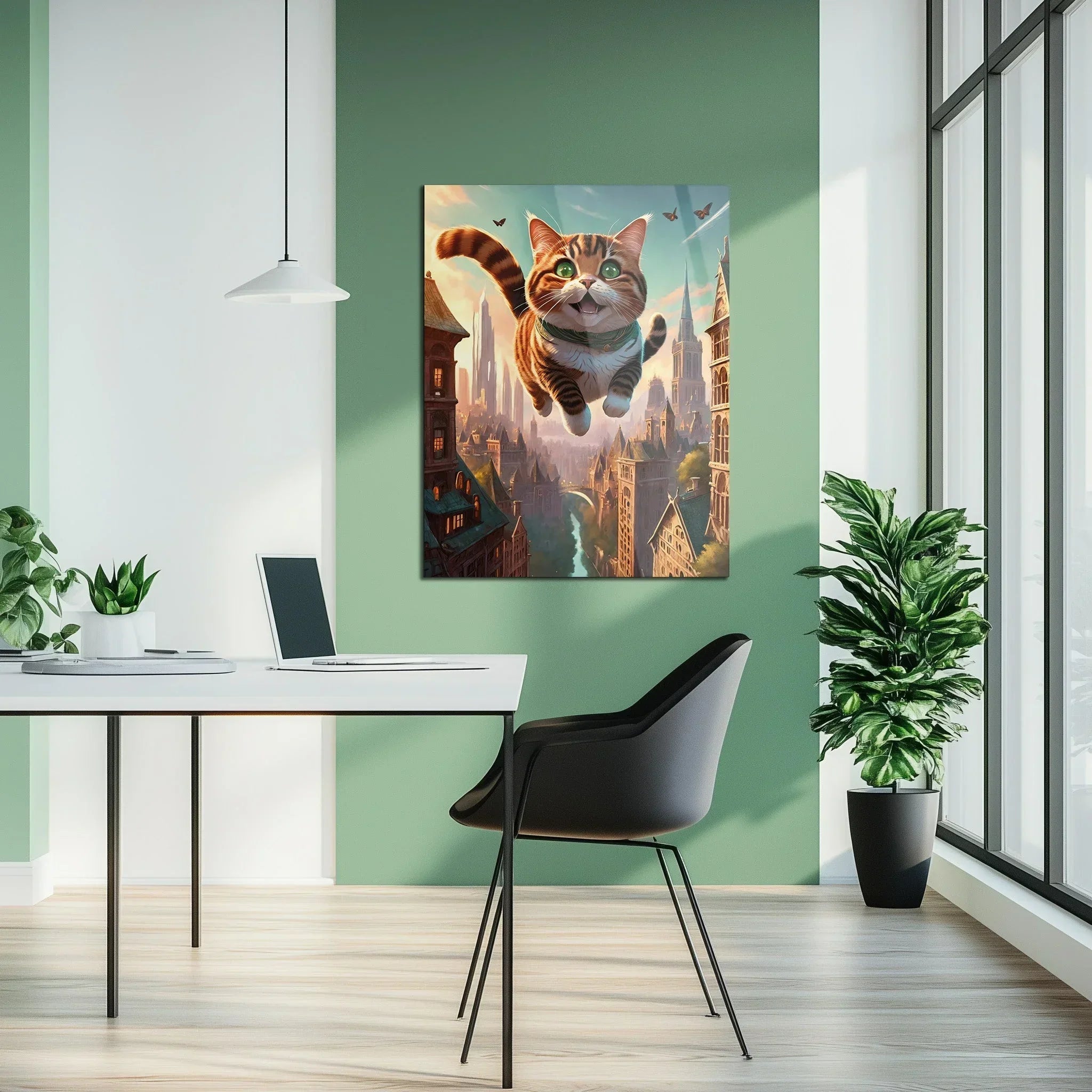 Flying Happy Cat Glass Wall Art – Fantasy City Adventure UV Print-KAFCD058 Peony Atelier