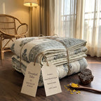 Cream & Dusty Blue Jaipur Indian hand block print floral quilted comforter | Jaipur Indian hand block print cotton muslin quilted comforter | Sanganer floral block print bedding | Queen King size quilt India | House of Avana