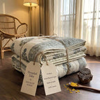 Cream & Dusty Blue Jaipur Indian hand block print floral quilted comforter | Jaipur Indian hand block print cotton muslin quilted comforter | Sanganer floral block print bedding | Queen King size quilt India | House of Avana [[SKU:HOA-COM-DBSG-006]]
