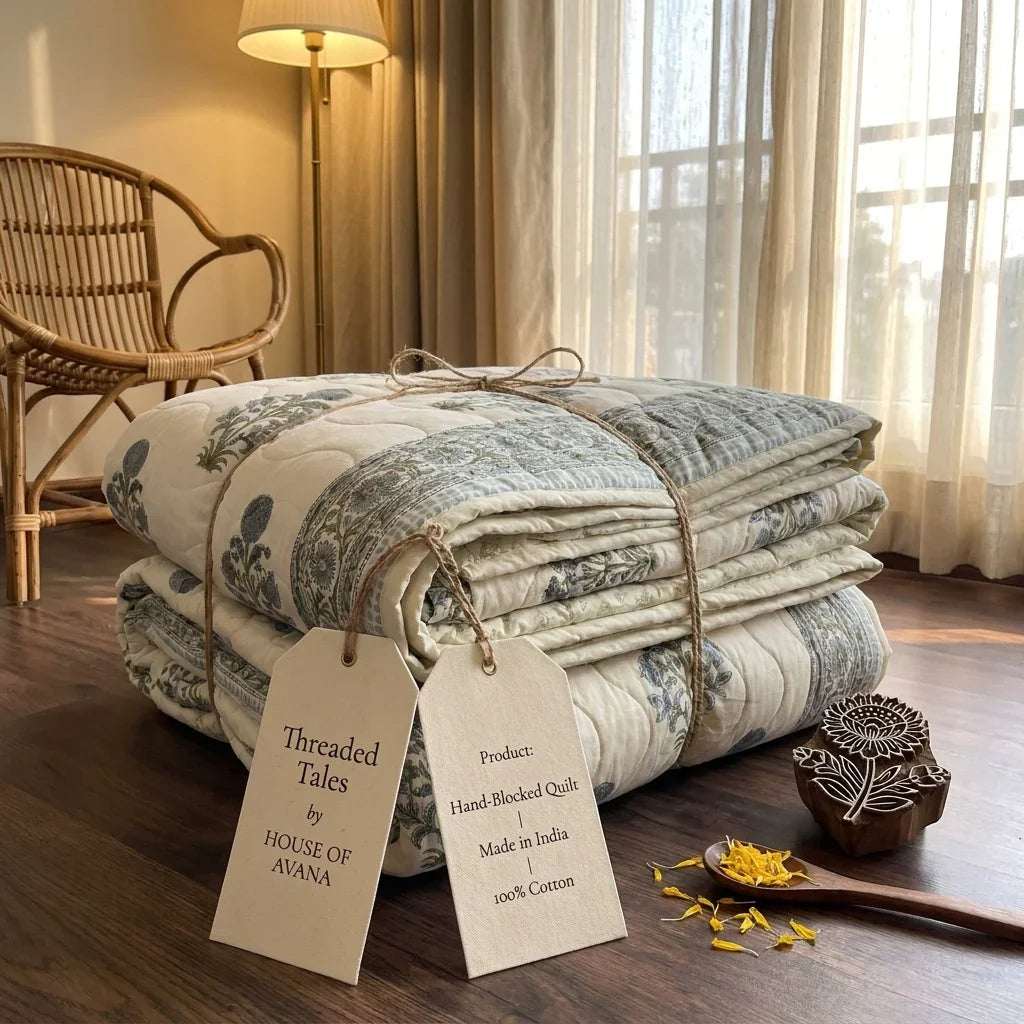Cream & Dusty Blue Jaipur Indian hand block print floral quilted comforter | Jaipur Indian hand block print cotton muslin quilted comforter | Sanganer floral block print bedding | Queen King size quilt India | House of Avana [[SKU:HOA-COM-DBSG-006]]