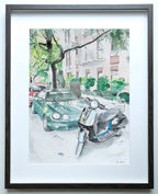 Vespa Scooter and Toyota Celica, Classic Car, Street Scene, Print