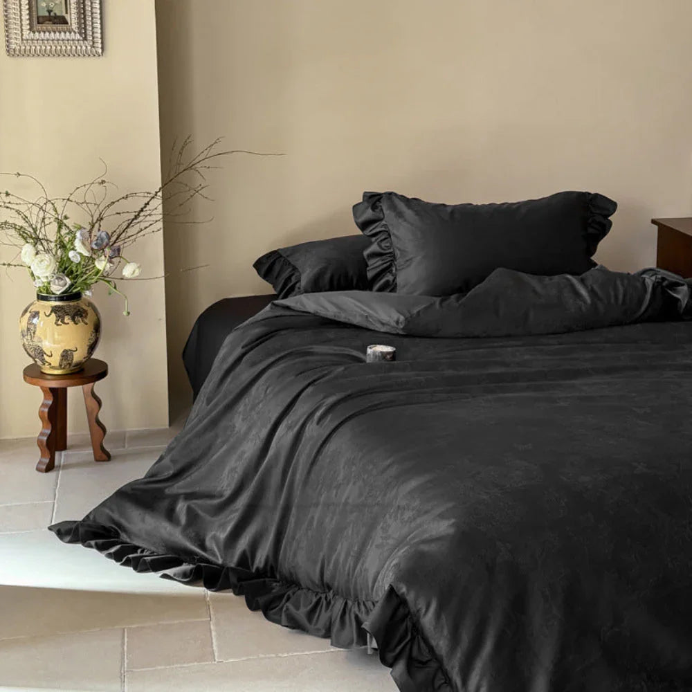 Elise French Lace Jacquard Satin Bedding Set / Dark Gray Ever Lasting