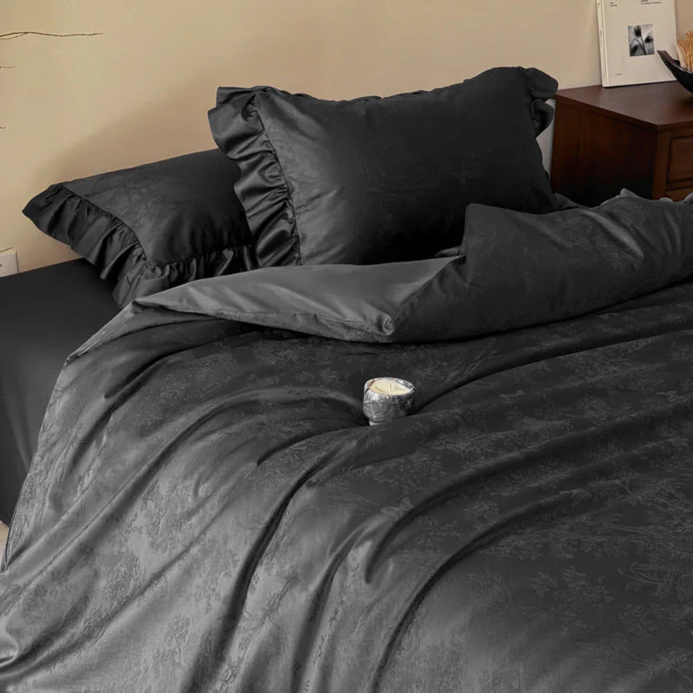 Elise French Lace Jacquard Satin Bedding Set / Dark Gray Ever Lasting