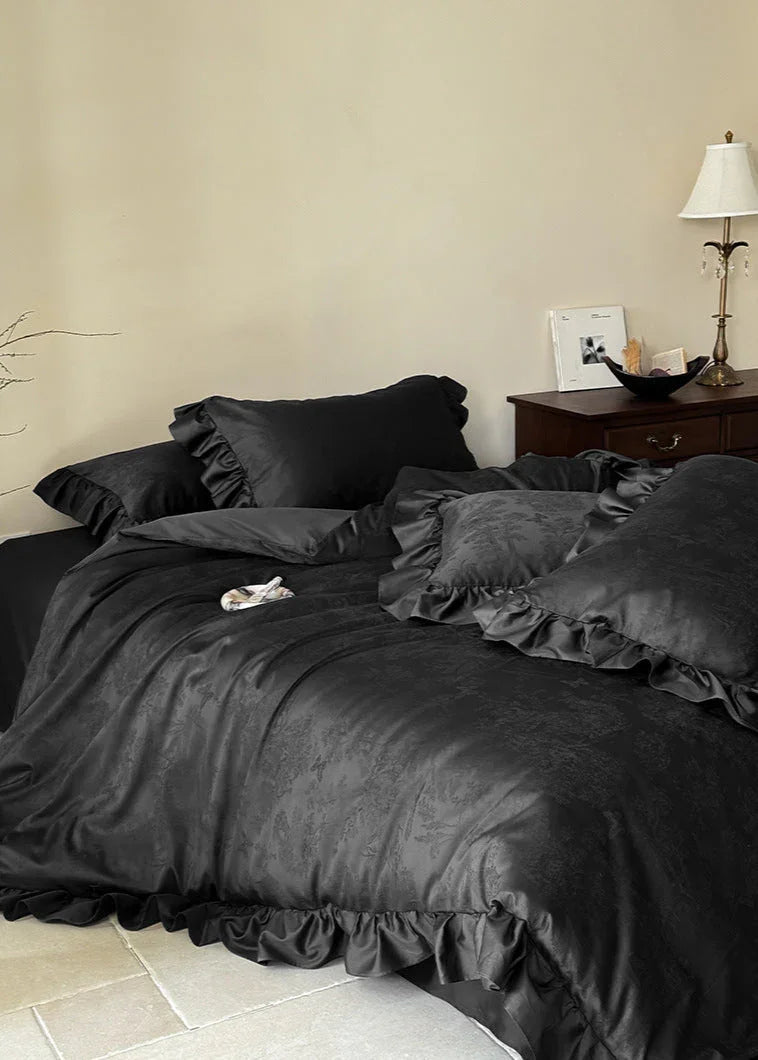 Elise French Lace Jacquard Satin Bedding Set / Dark Gray Ever Lasting