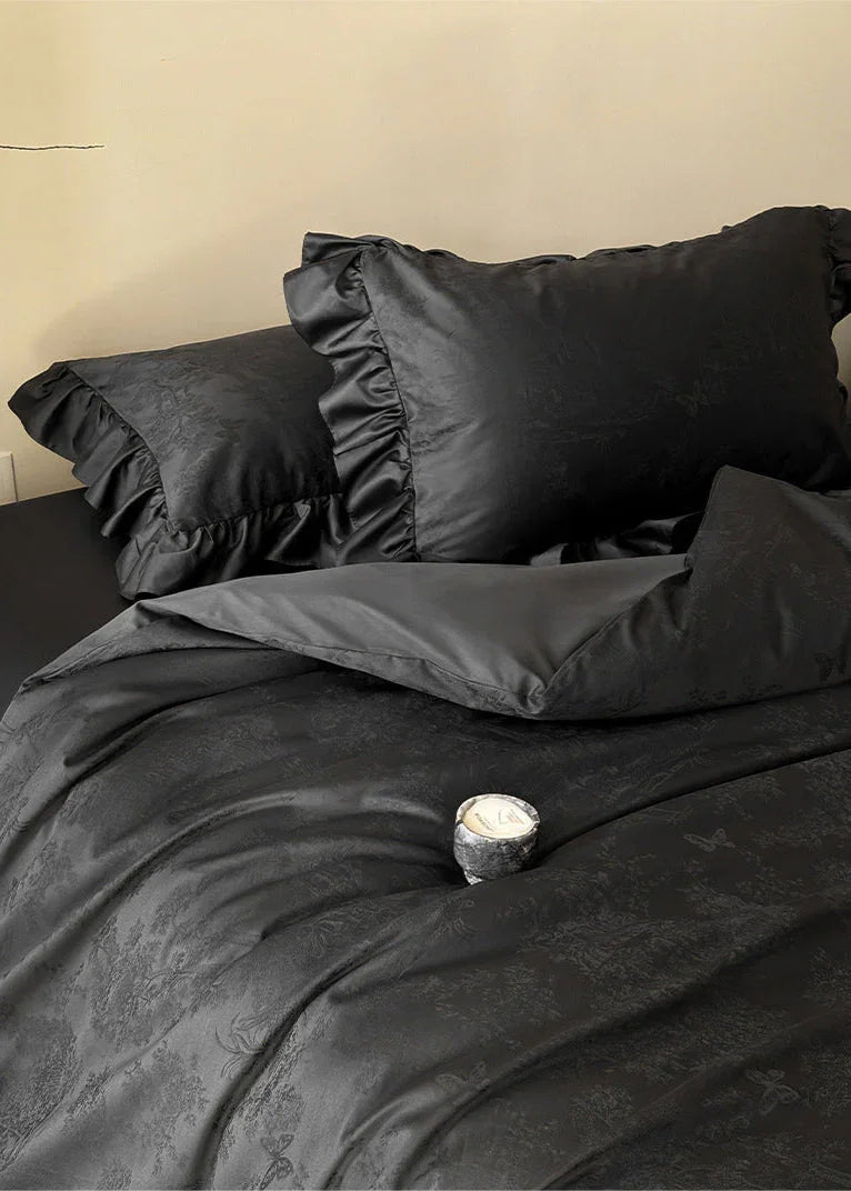 Elise French Lace Jacquard Satin Bedding Set / Dark Gray Ever Lasting