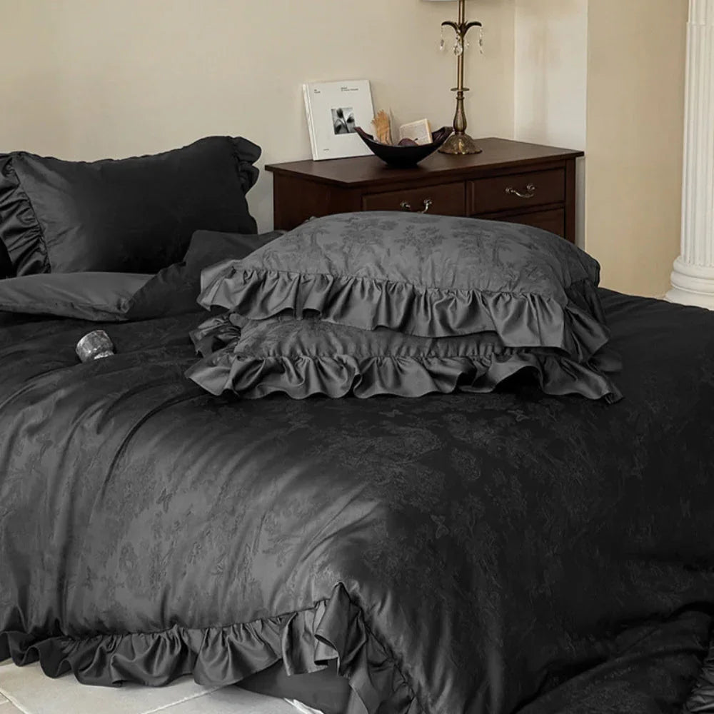 Elise French Lace Jacquard Satin Bedding Set / Dark Gray Ever Lasting