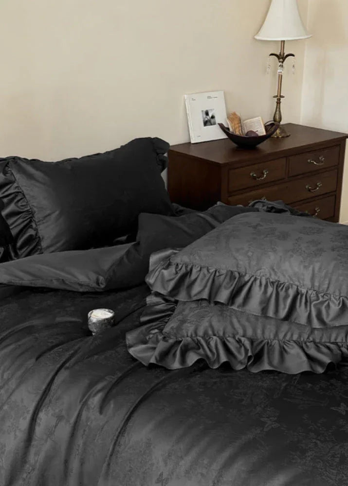 Elise French Lace Jacquard Satin Bedding Set / Dark Gray Ever Lasting