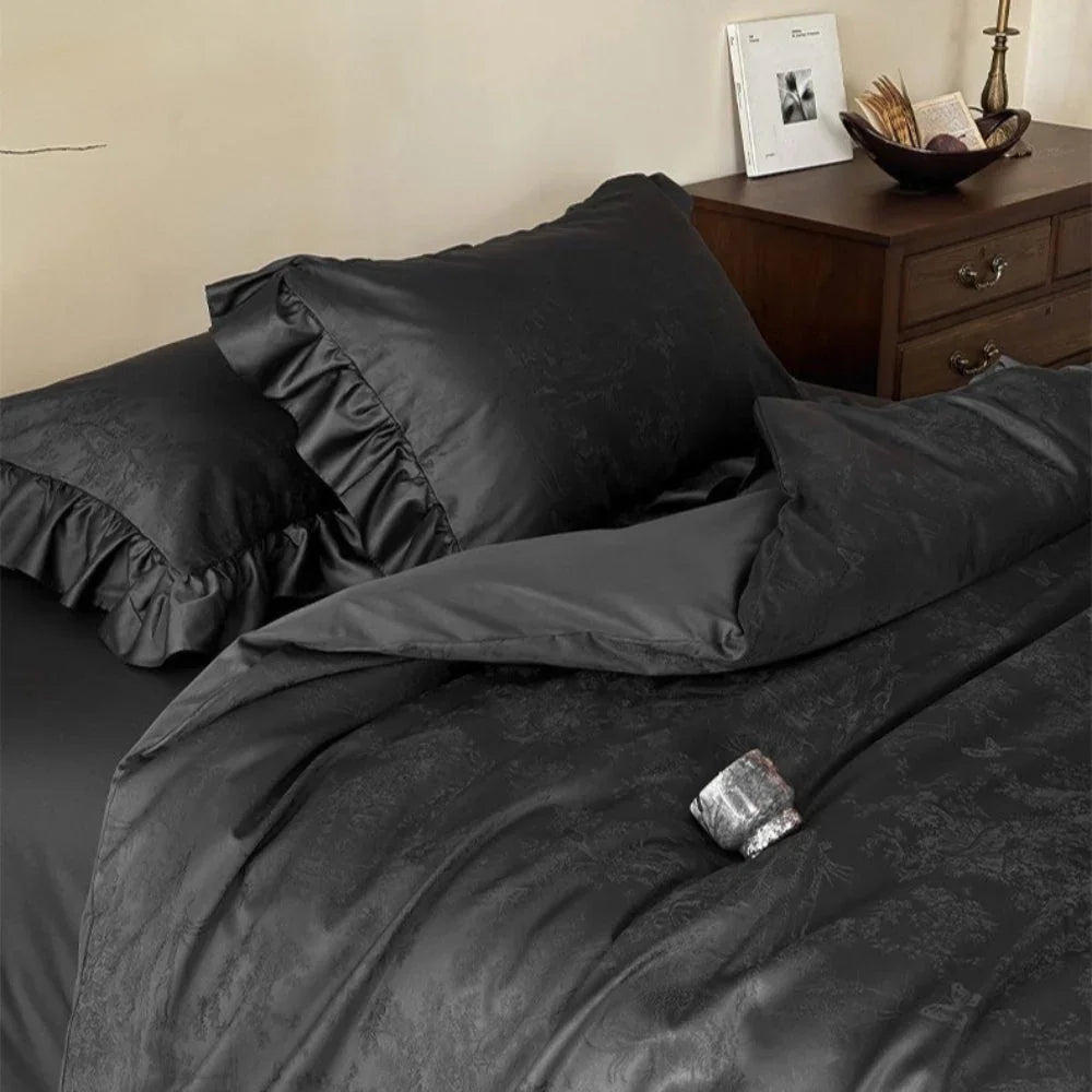 Elise French Lace Jacquard Satin Bedding Set / Dark Gray Ever Lasting