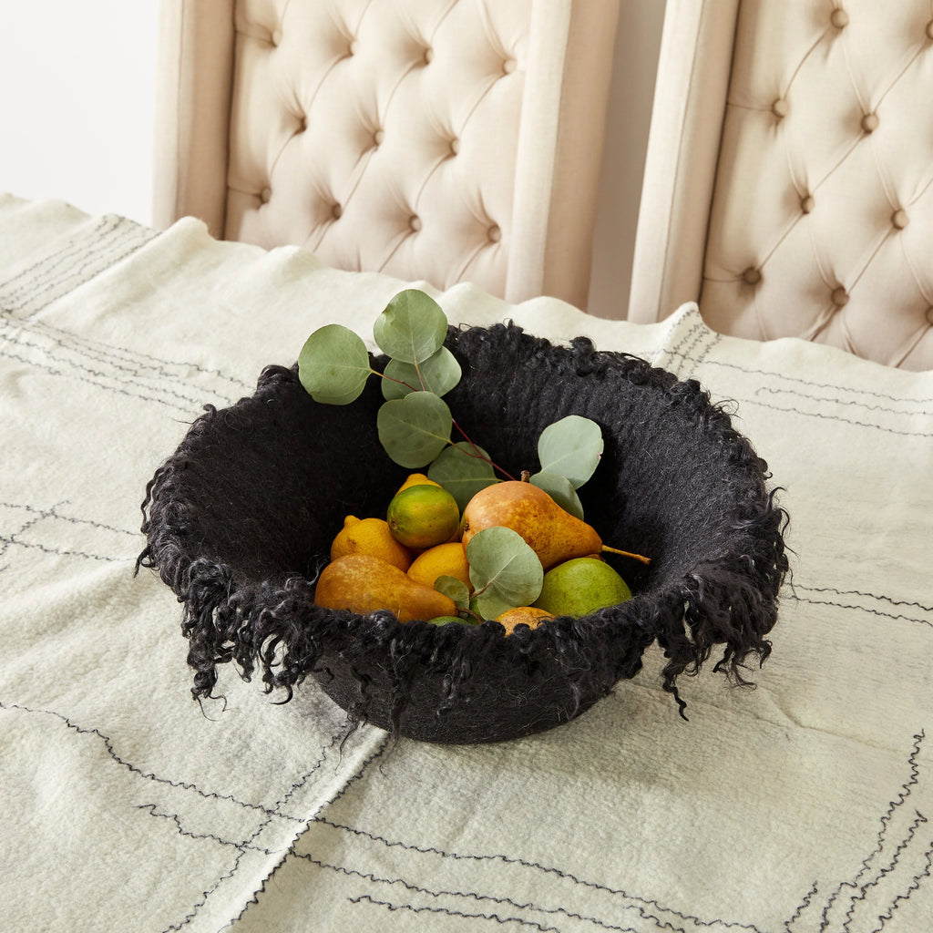 Fringed Skirt Black Decorative Karakul Wool and Mohair Bowl Kanju Interiors