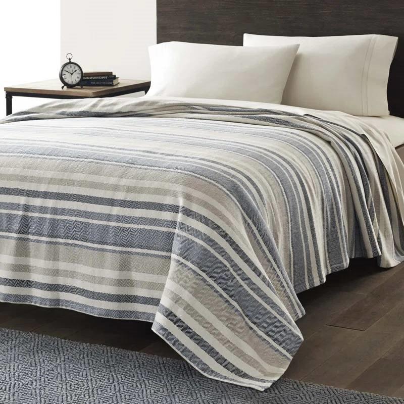Full/Queen size Navy Blue Tan Cream Chevron Stripe Lightweight Cotton Blanket