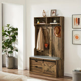 71'' Farmhouse Hall Tree, Entryway Storage Bench with Sliding Barn Door and Coat Rack, Wood Coat Tree Christmas, Halloween Gift House Of Avana
