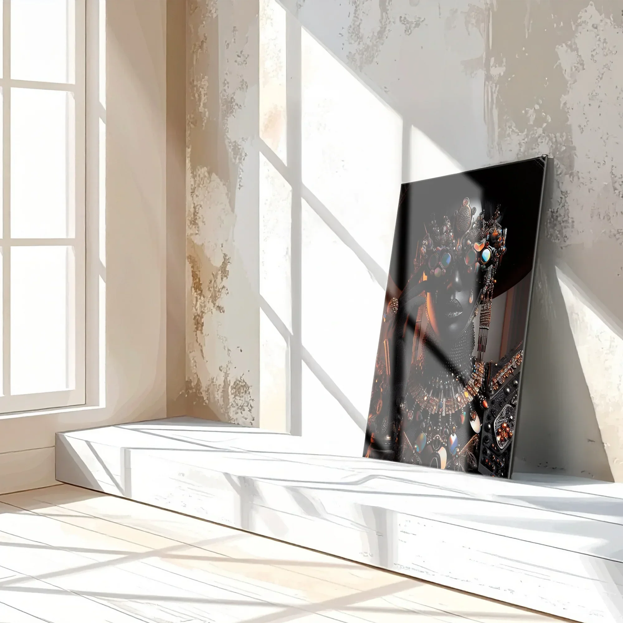 Futuristic Black Diva Portrait UV Glass Wall Art – Opulent Cyber Couture Aesthetic-KAFCD073 Peony Atelier