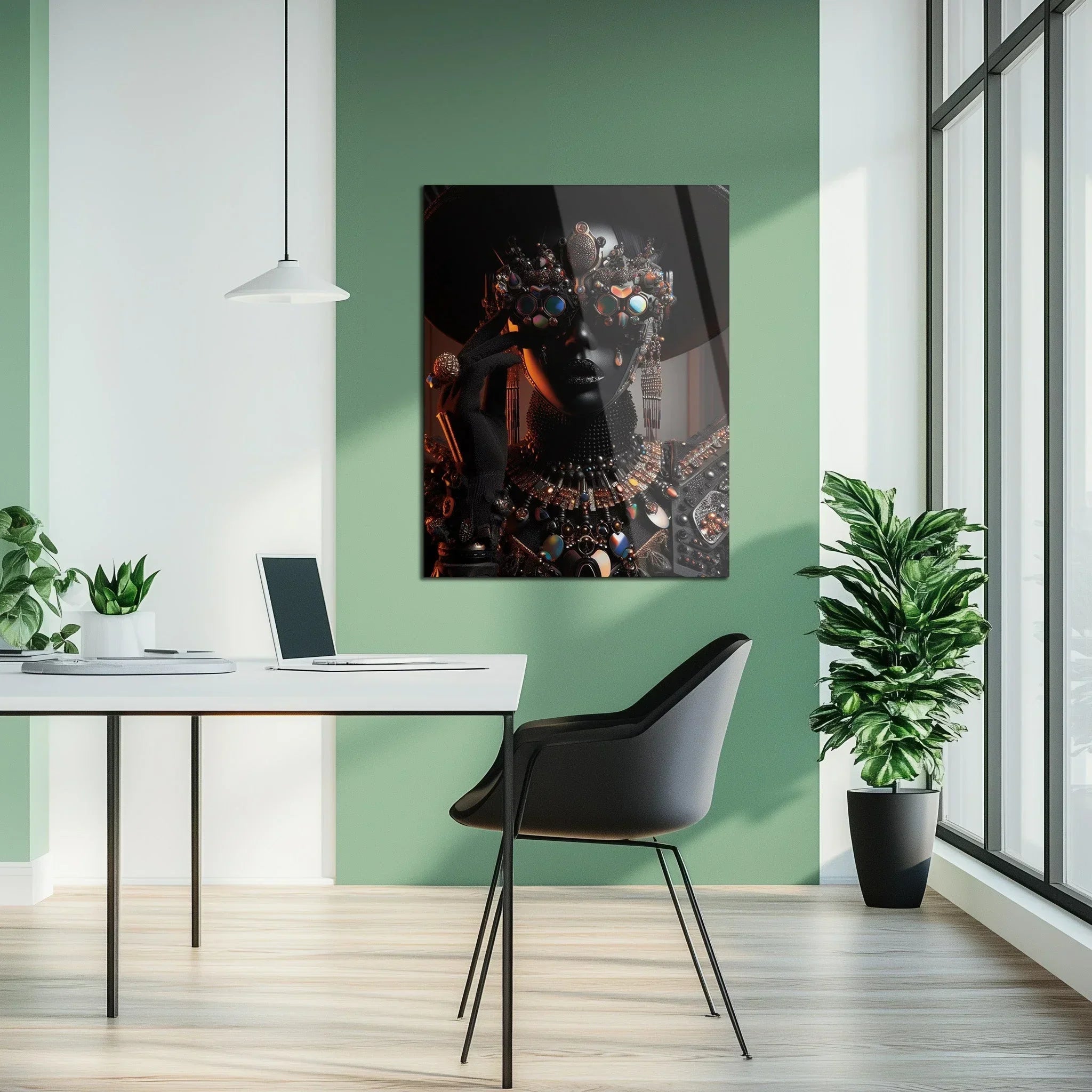 Futuristic Black Diva Portrait UV Glass Wall Art – Opulent Cyber Couture Aesthetic-KAFCD073 Peony Atelier