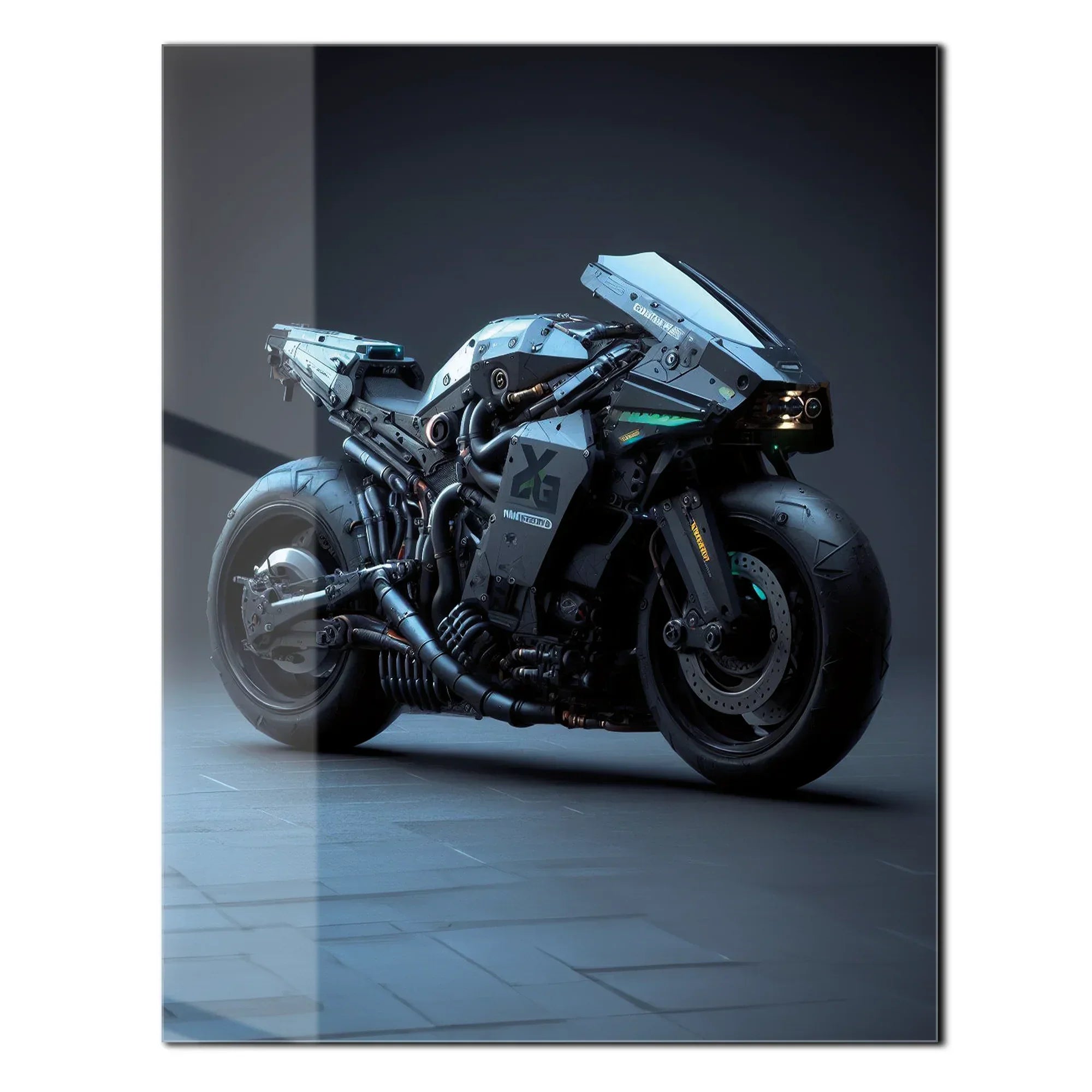 Futuristic Cyberbike Glass Wall Art – High-Tech Motorcycle UV Print Design-KAFCD029 Peony Atelier