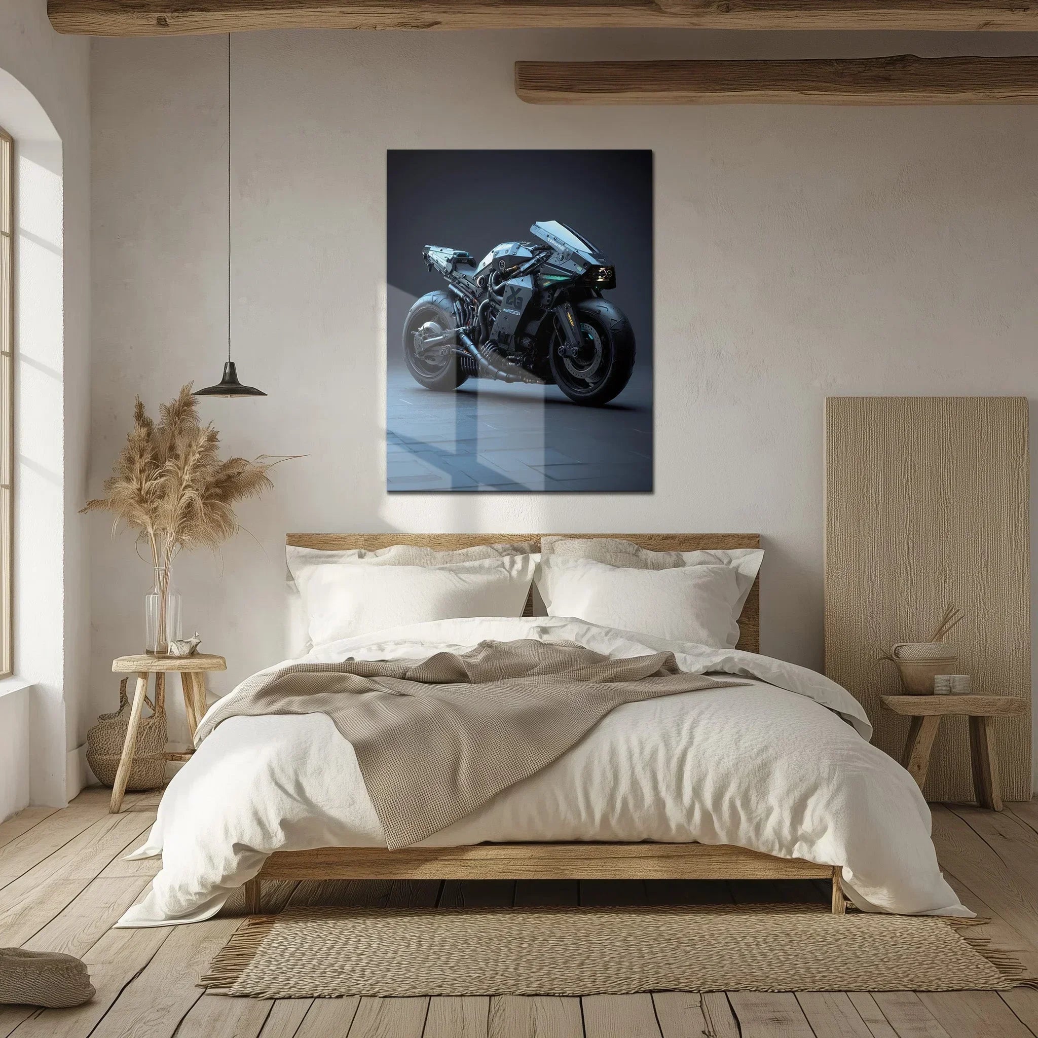 Futuristic Cyberbike Glass Wall Art – High-Tech Motorcycle UV Print Design-KAFCD029 Peony Atelier
