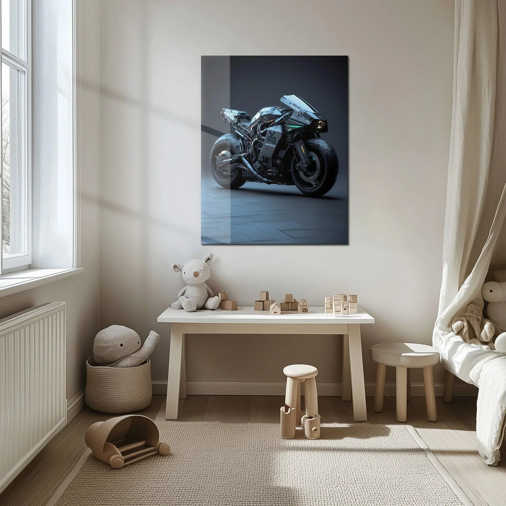 Futuristic Cyberbike Glass Wall Art – High-Tech Motorcycle UV Print Design-KAFCD029 Peony Atelier