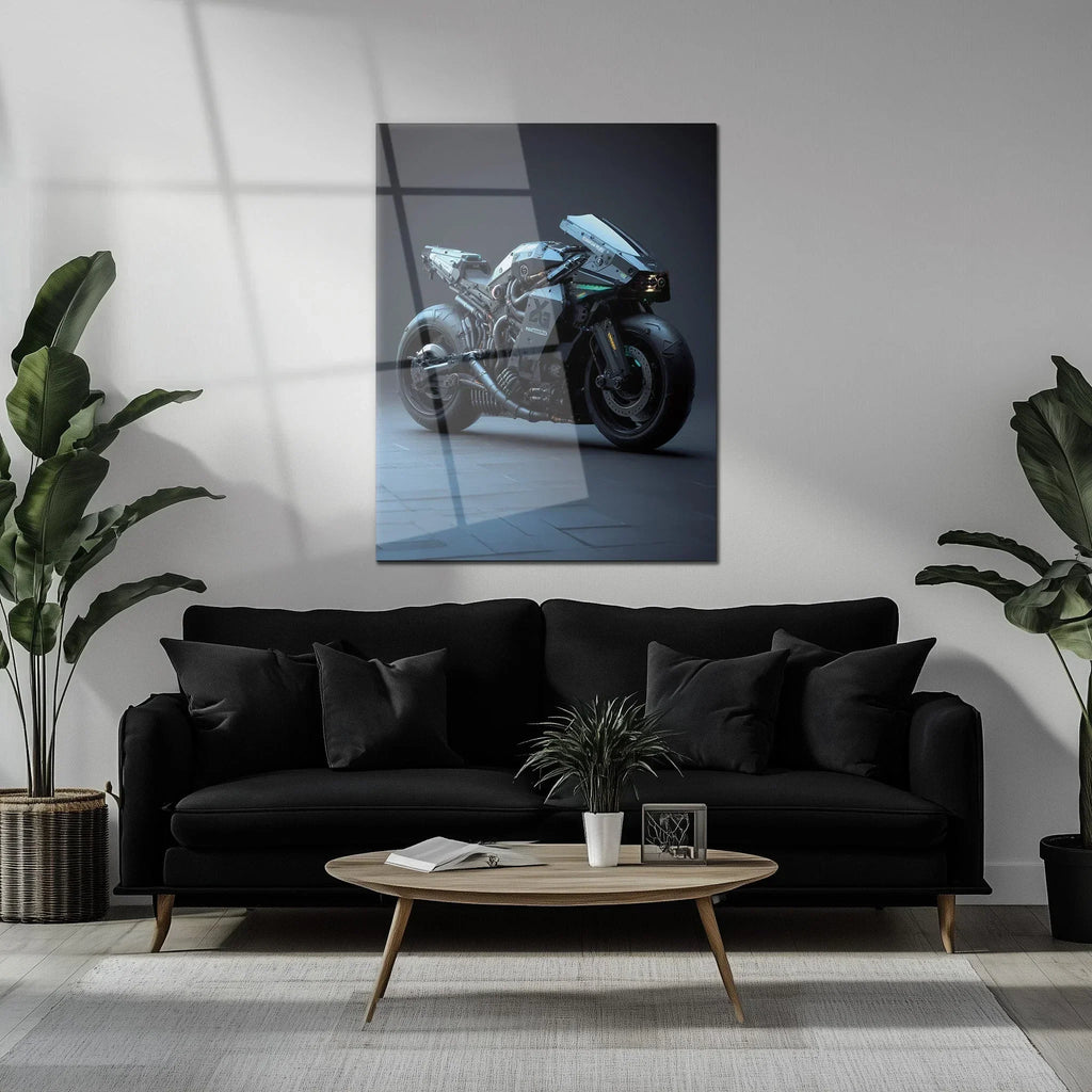 Futuristic Cyberbike Glass Wall Art – High-Tech Motorcycle UV Print Design-KAFCD029 Peony Atelier