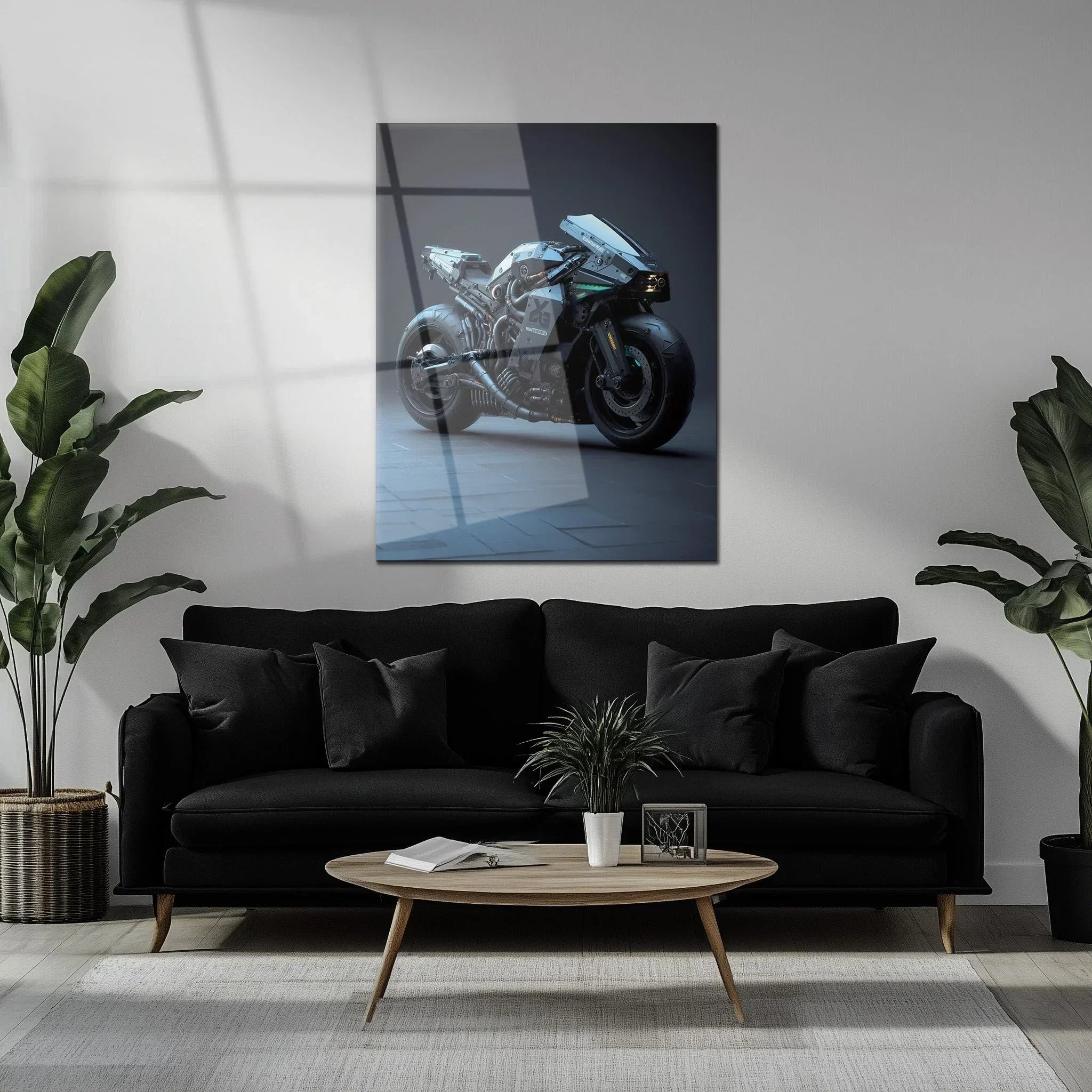 Futuristic Cyberbike Glass Wall Art – High-Tech Motorcycle UV Print Design-KAFCD029 Peony Atelier