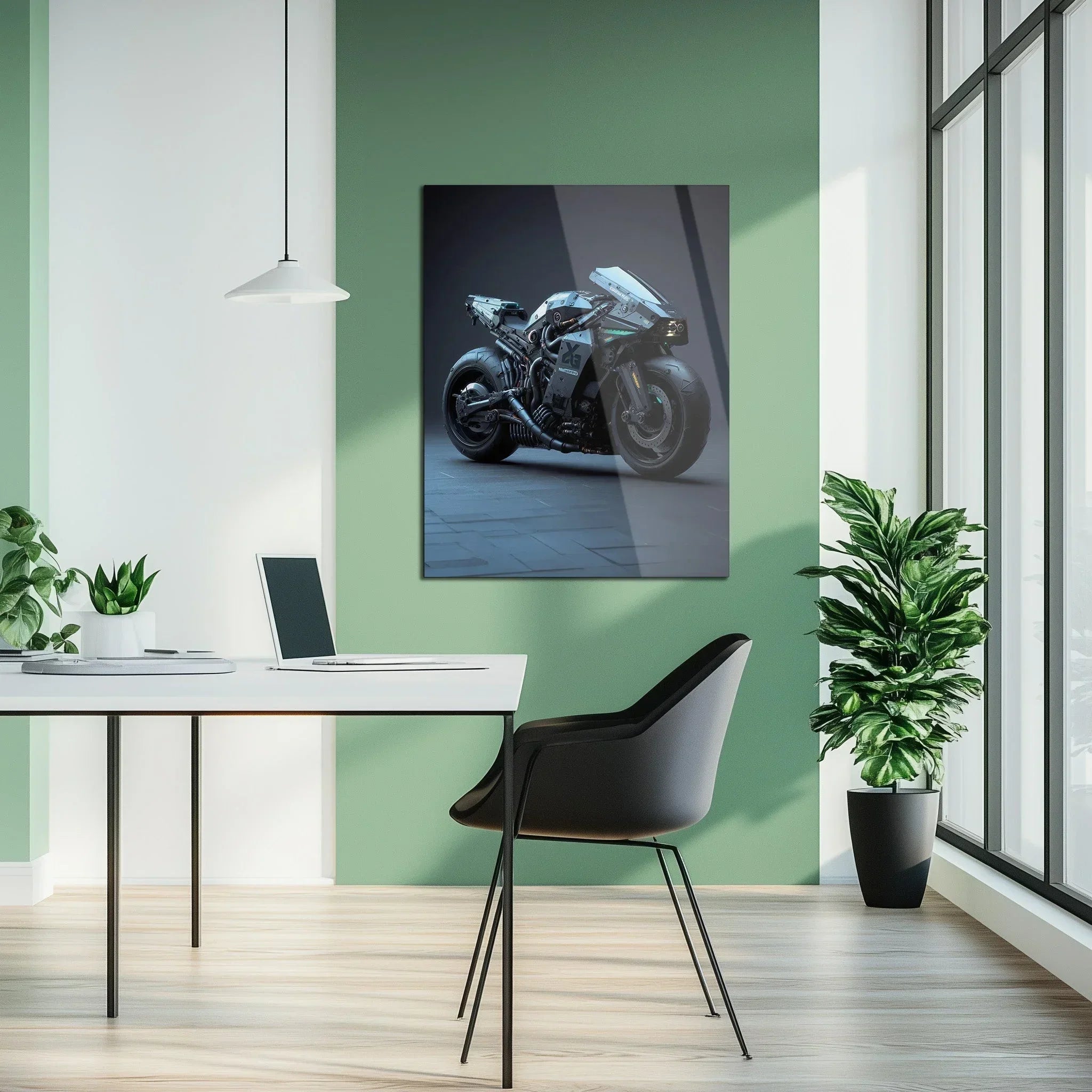 Futuristic Cyberbike Glass Wall Art – High-Tech Motorcycle UV Print Design-KAFCD029 Peony Atelier
