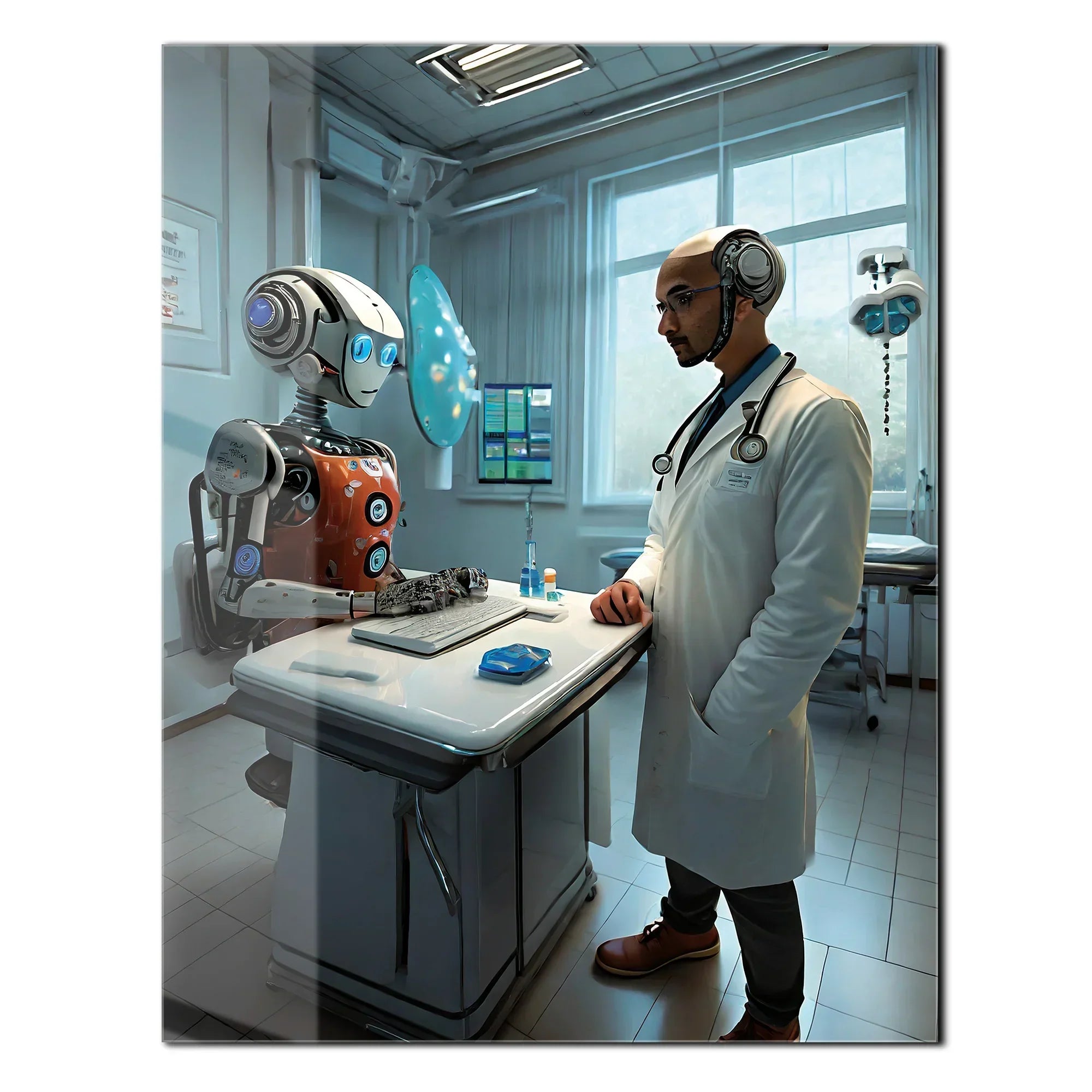 Futuristic Doctor and Robot Patient – UV Printed Glass Wall Art for Sci-Fi Lovers - KAFCD107 Peony Atelier