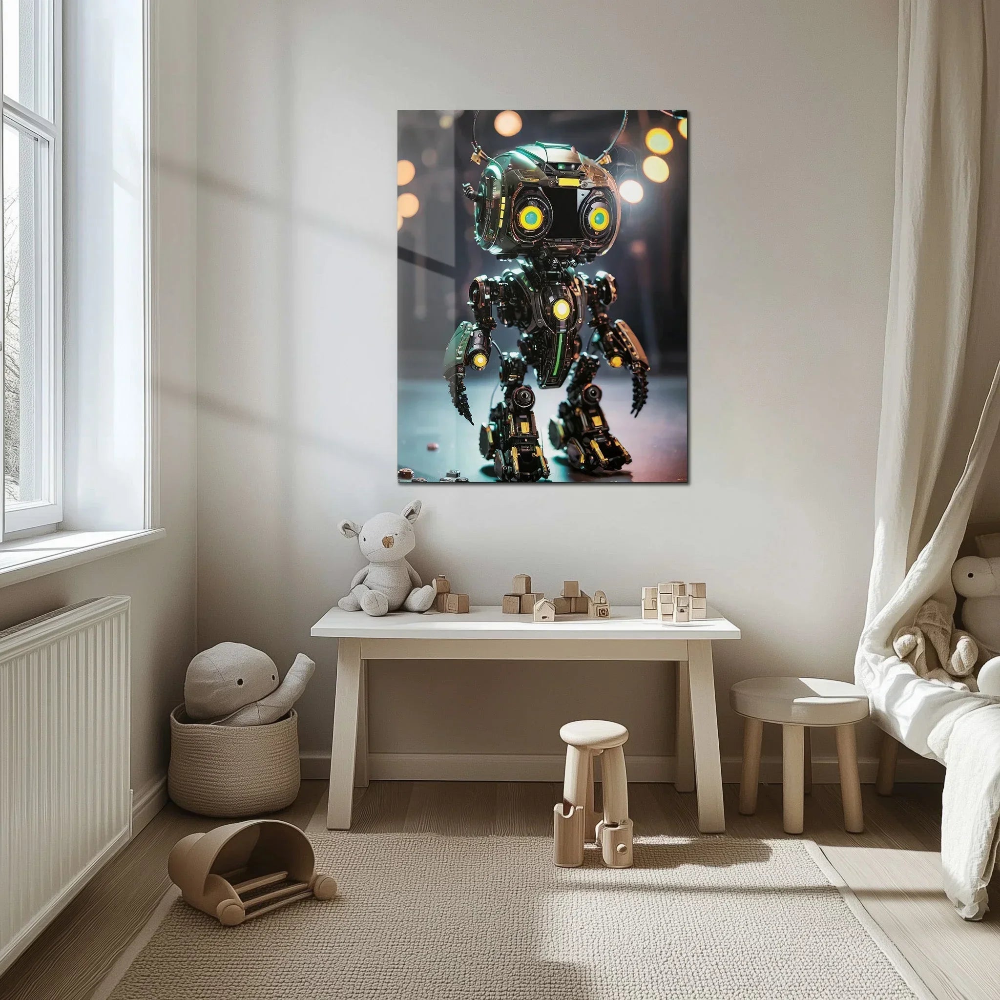 Futuristic Neon-Eyed Robot Character – UV Printed Glass Wall Art - KAFCD105 Peony Atelier