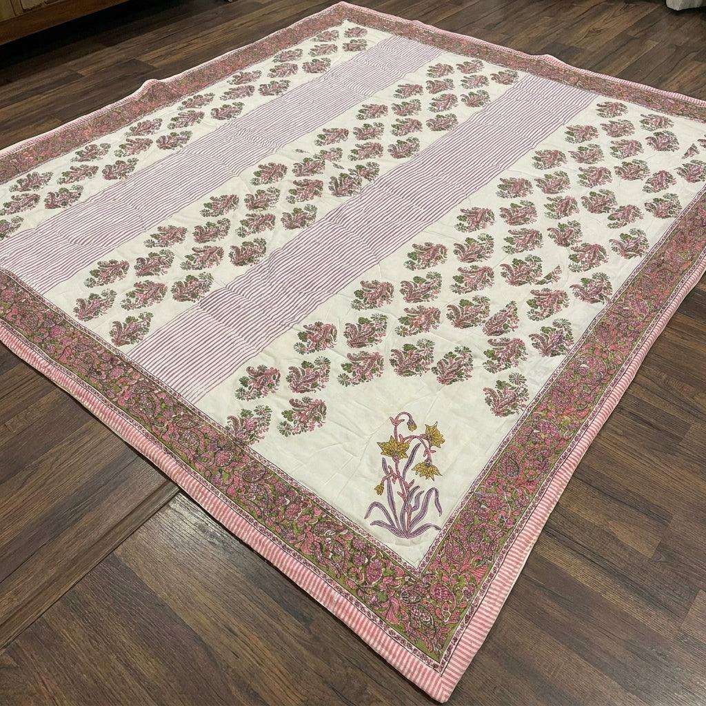 Cream & Deep Pink Jaipur Indian hand block print floral quilted comforter | Jaipur Indian block print cotton muslin quilted comforter | Sanganer hand block print floral bedding | quilt Queen King size India handicraft | House of Avana [[SKU:HOA-COM-DPOG-005]]