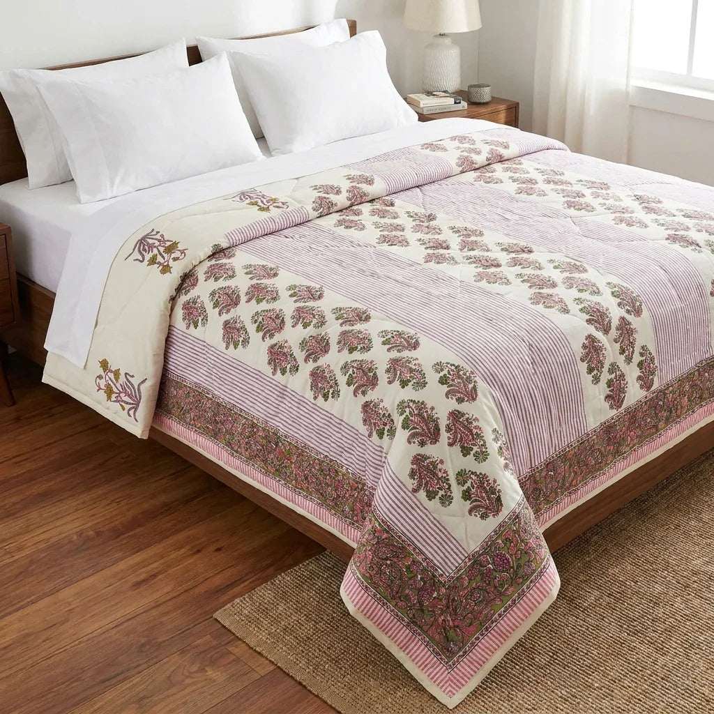 Cream & Deep Pink Jaipur Indian hand block print floral quilted comforter | hand block printed muslin cotton quilt Jaipur India | Indian handicraft bedding | Sanganer floral comforter Queen King | artisan block print | House of Avana [[SKU:HOA-COM-DPOG-005-Q]]