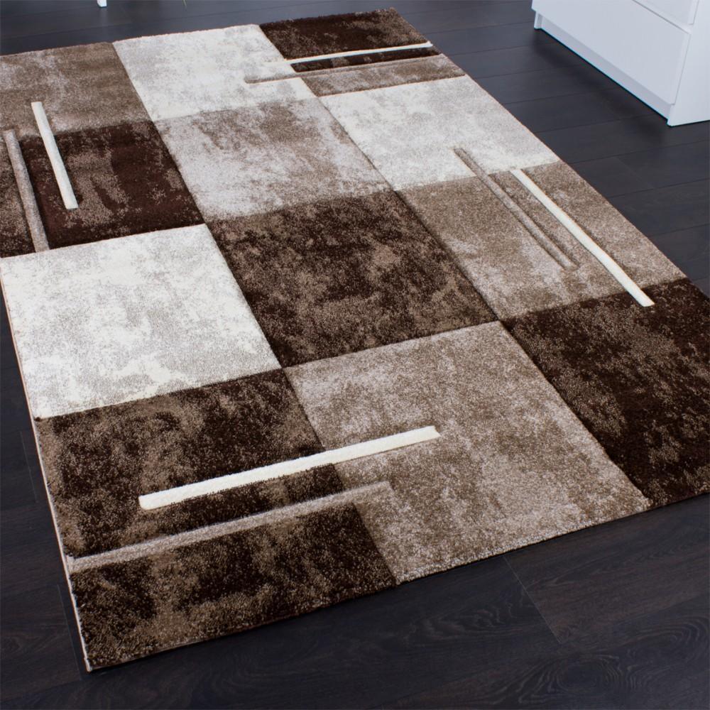 Geometric Designer Rug with Contour Cut - Brown Cream, back view - House Of Avana