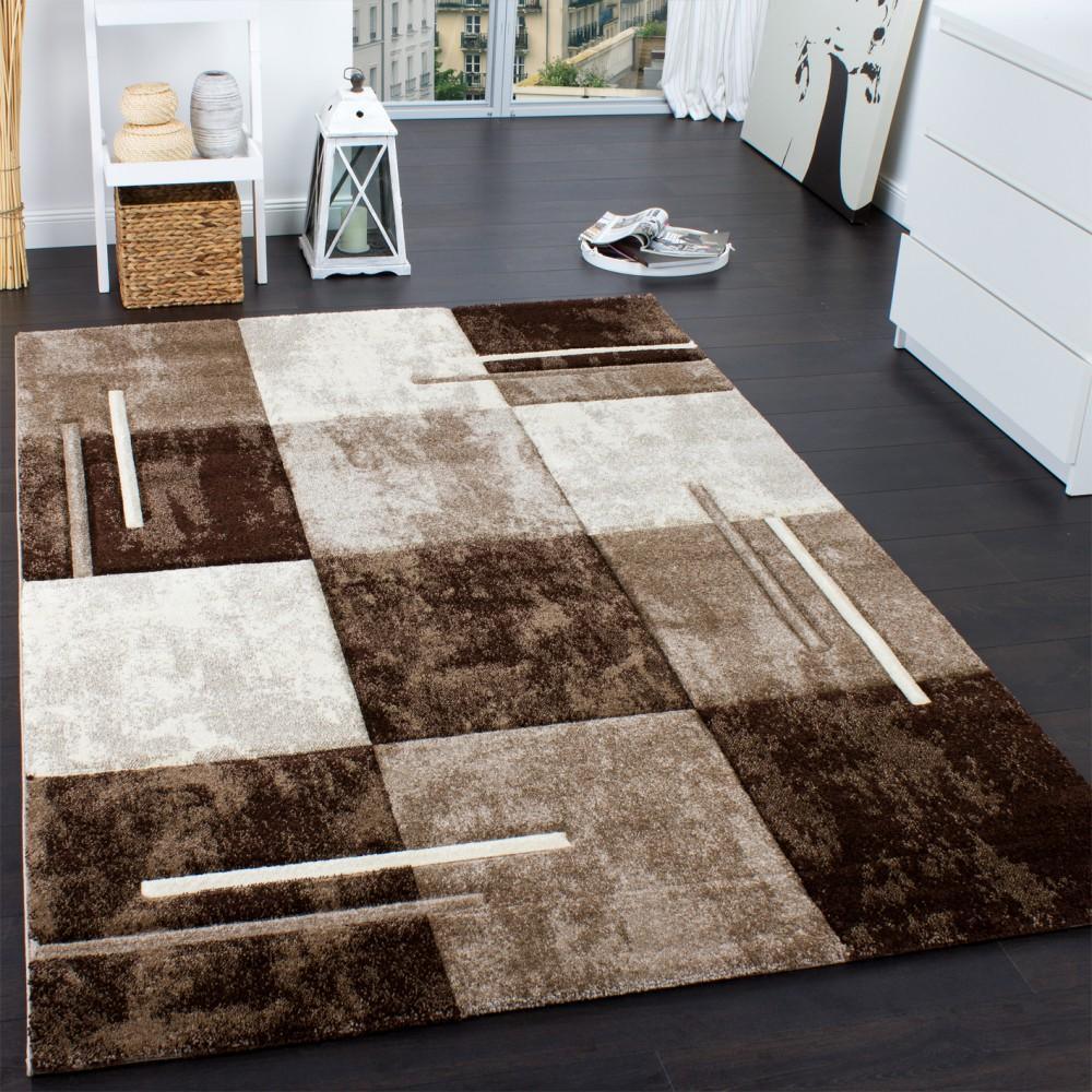 Geometric Designer Rug with Contour Cut - Brown Cream, front view - House Of Avana