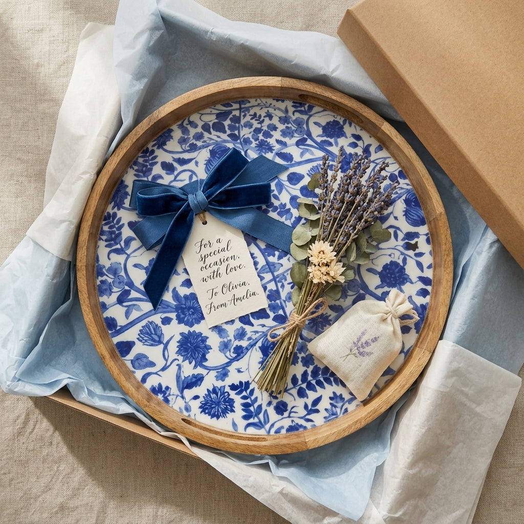 House of Avana Round Blue Mango Wood Serving Tray