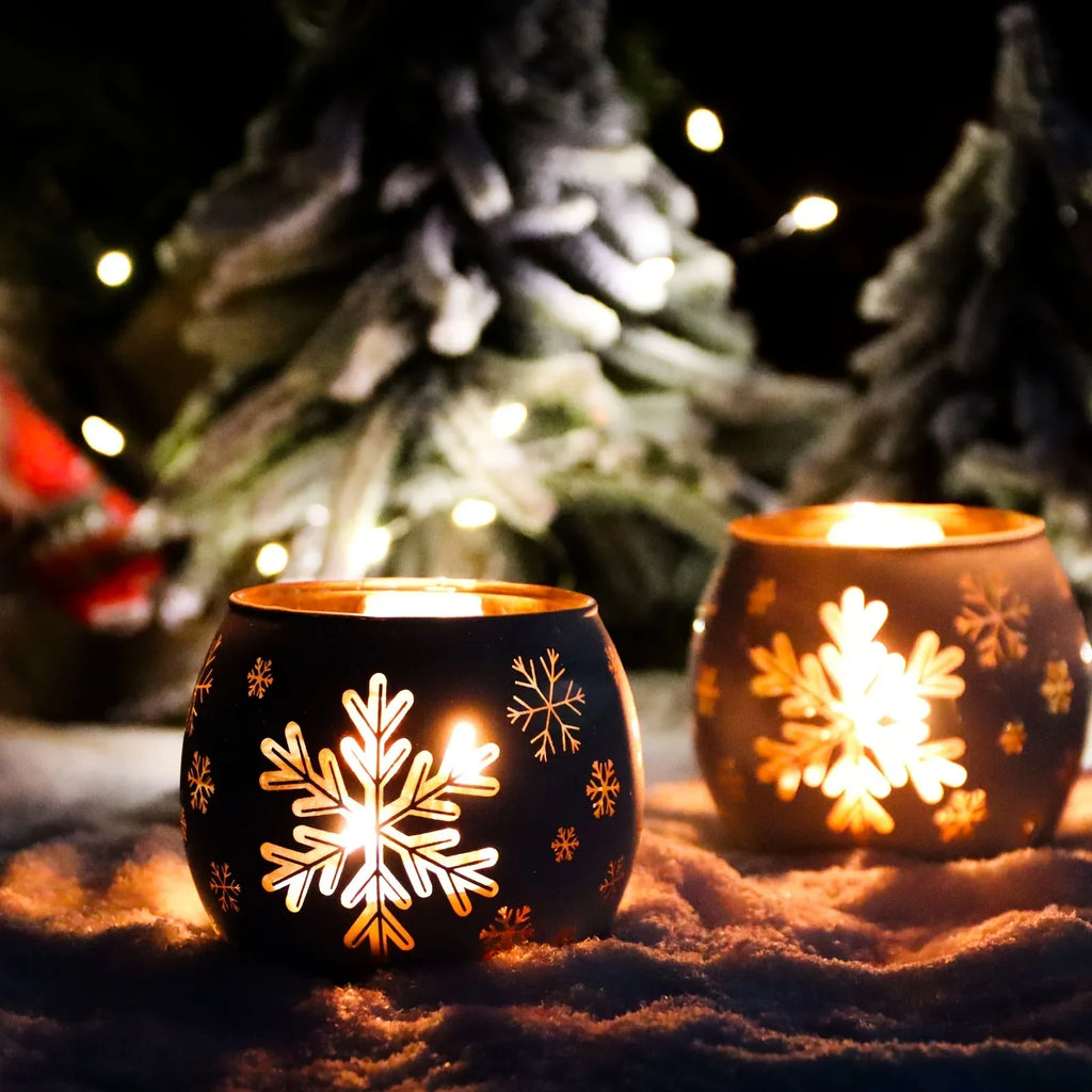 Glass Candle Holders Snowflake Design Clear, angled view - House Of Avana