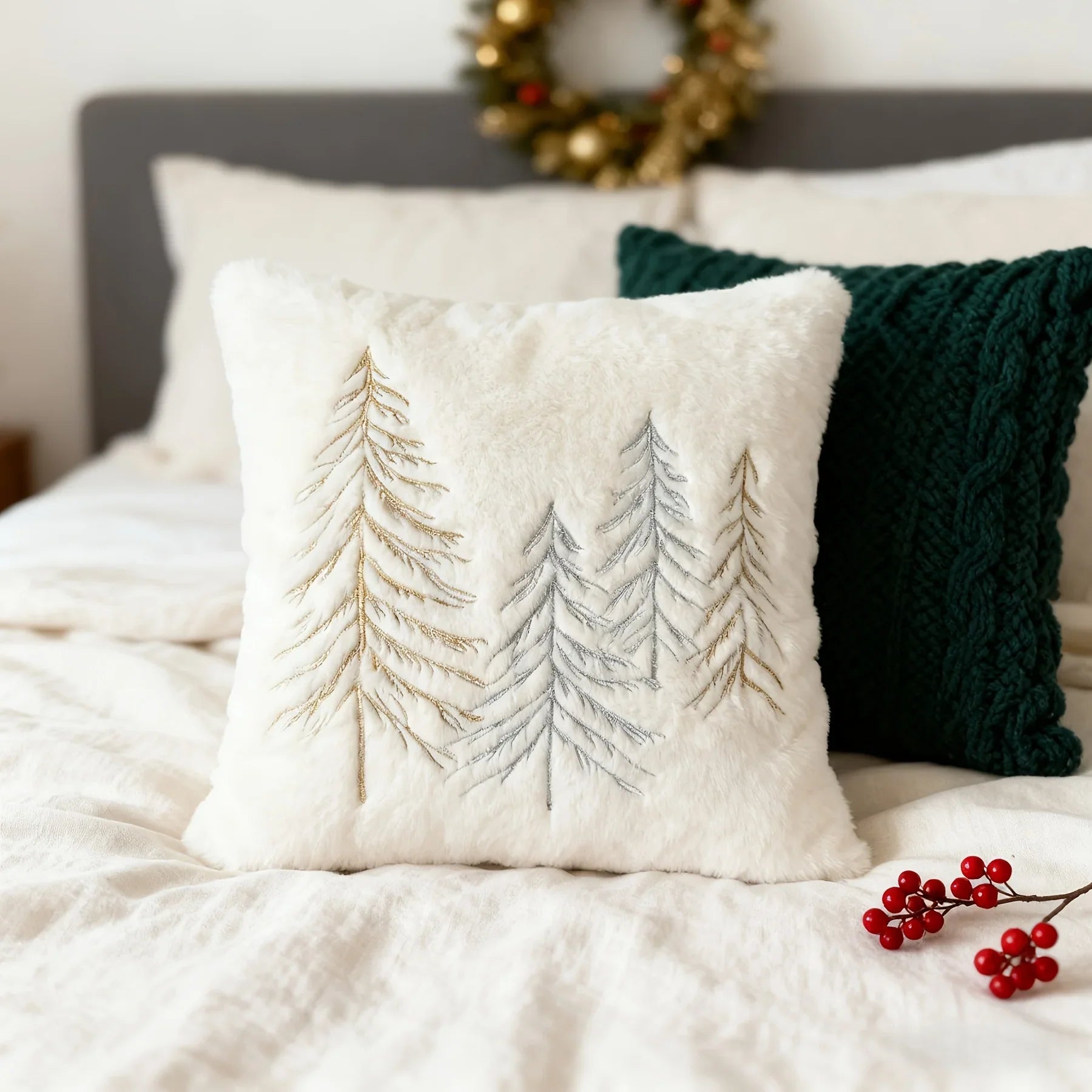 Gold Embroidered Christmas Tree Pillow Cover - Luxury Velvet Decorative Pillowcase - House Of Avana