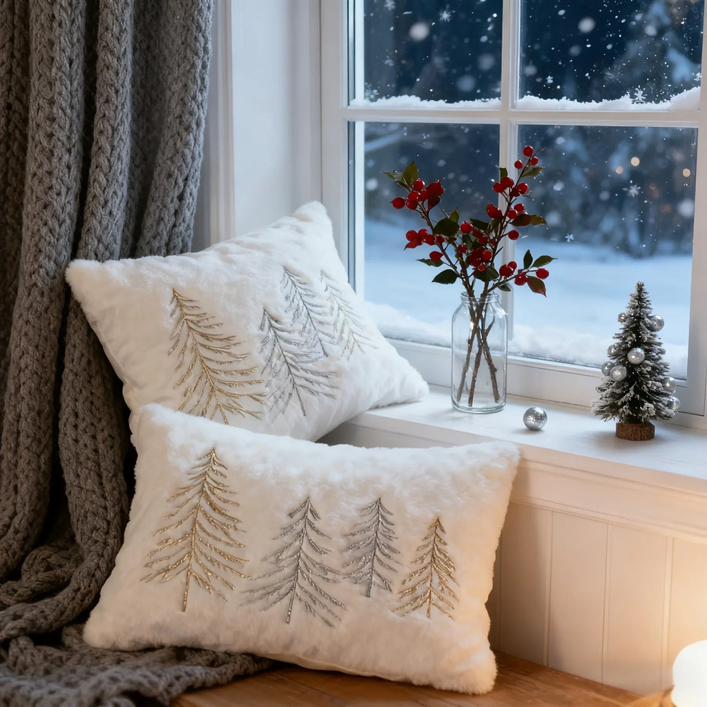 Gold Embroidered Christmas Tree Pillow Cover - Luxury Velvet Decorative Pillowcase - House Of Avana